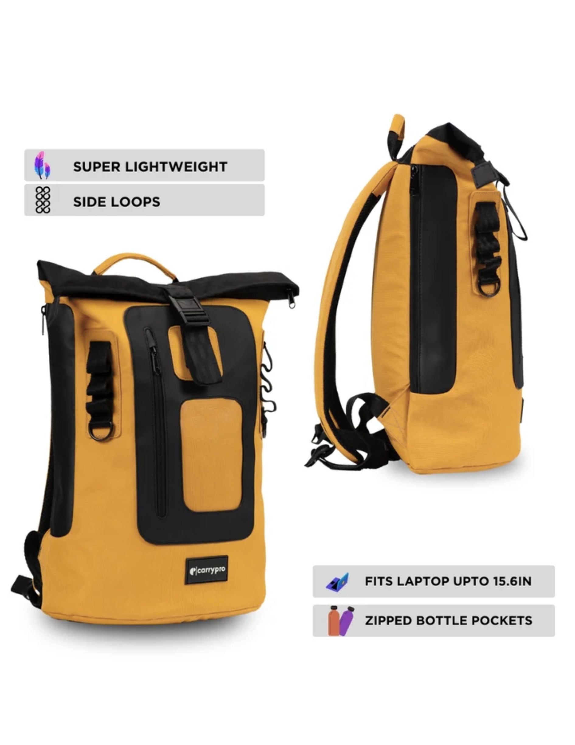 Roll-top backpack 20% storage capacity demonstration with packed items
#color_Golden Glow