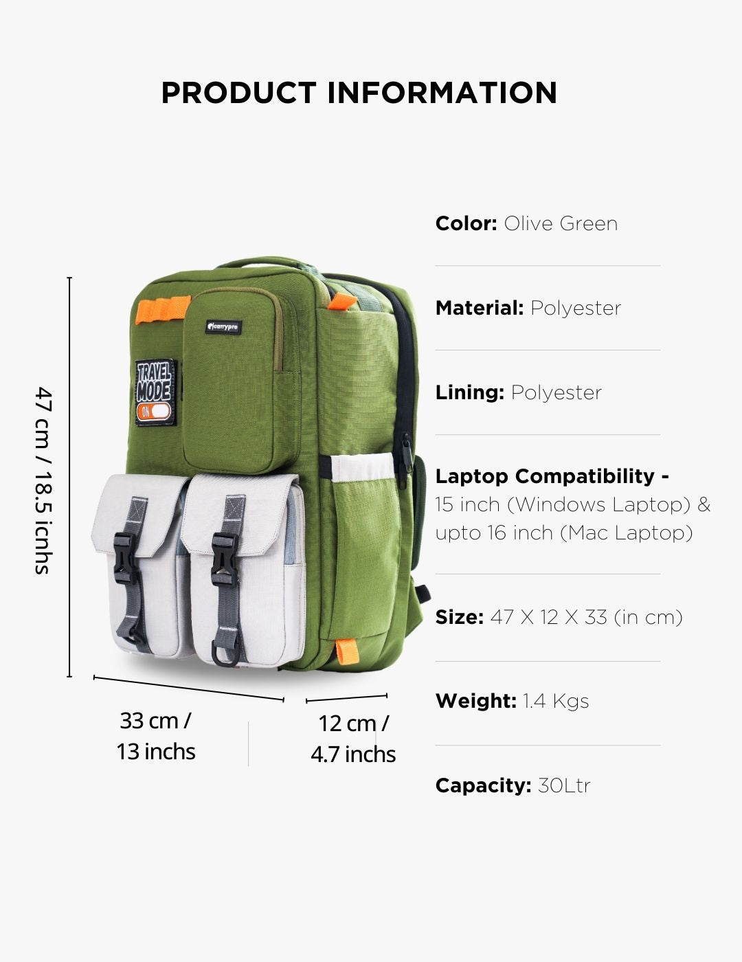 Olive green backpack product information chart with dimensions and features #color_Olive Green