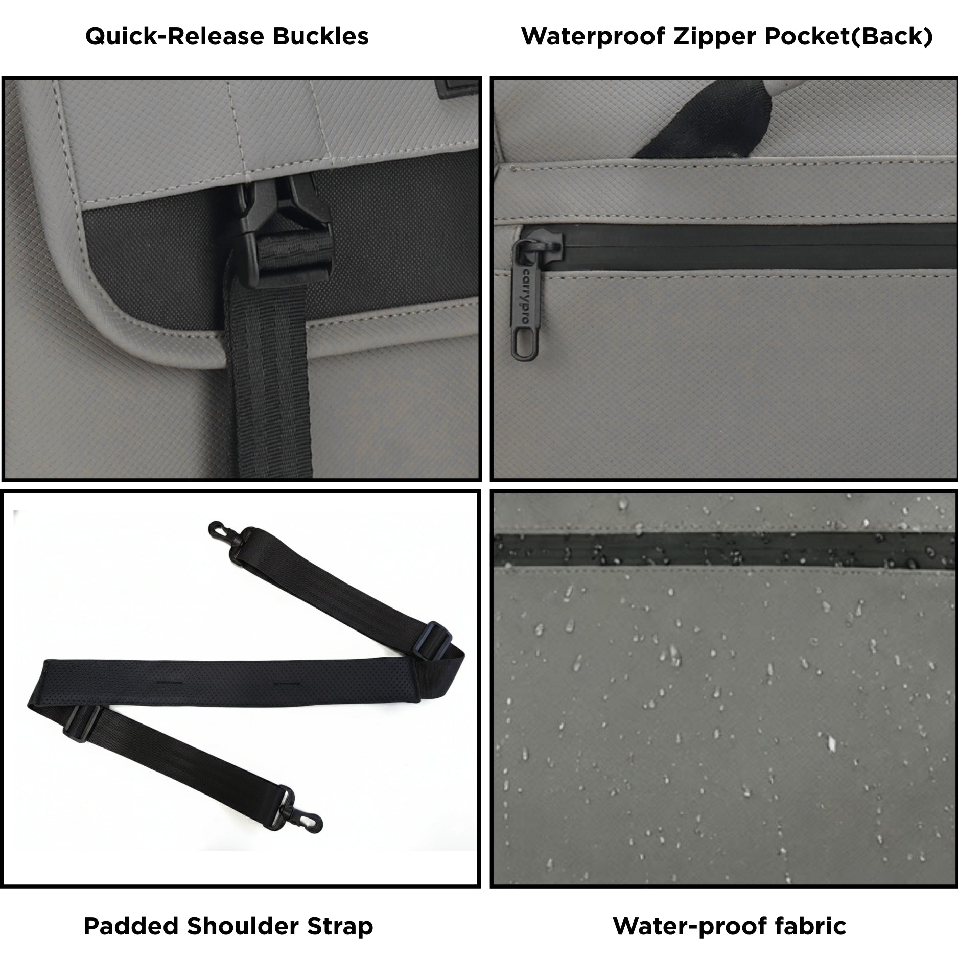 Carrypro The Pro Camera Sling Bag (10L) interior compartments Close up views for water proof and buckles view #color_Peanut Grey