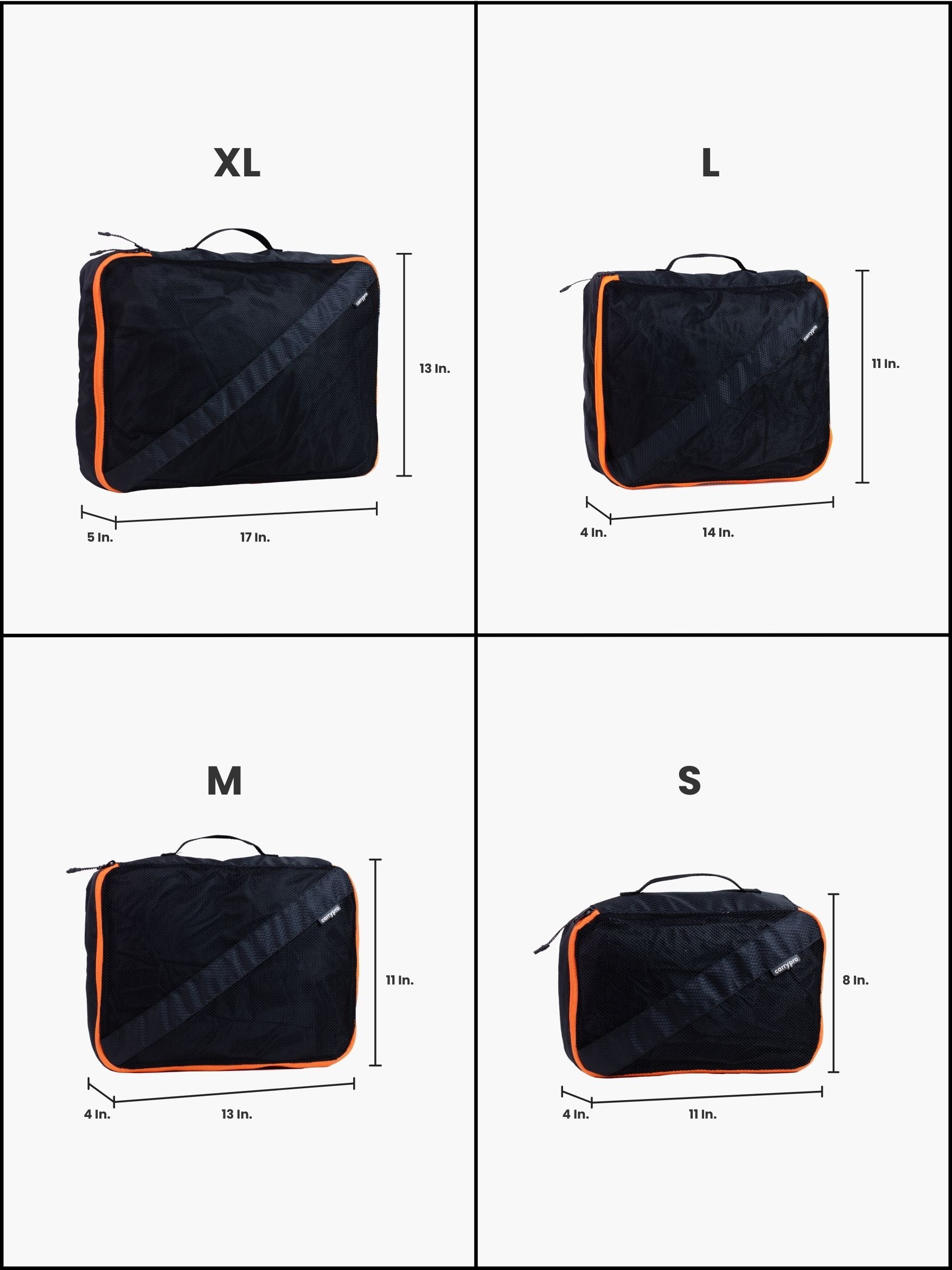 Carrypro Multicolor Black packing cube shown from top view with orange zipper detail, collapsed flat measurements of all cubes #color_Black