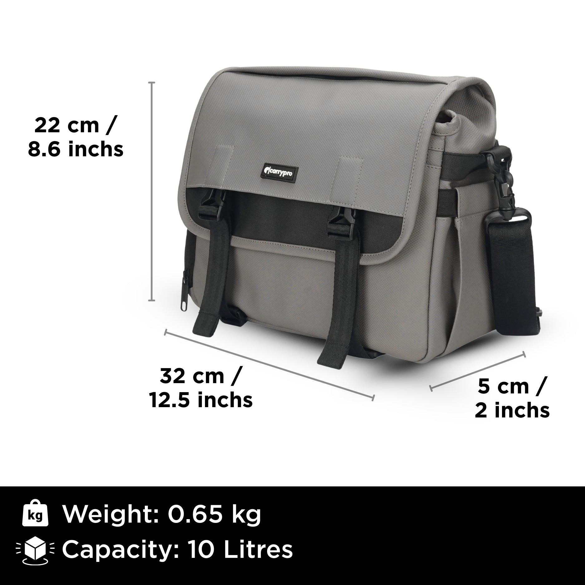 Carrypro The Pro Camera Sling Bag (10L) front Features and measurements #color_Peanut Grey