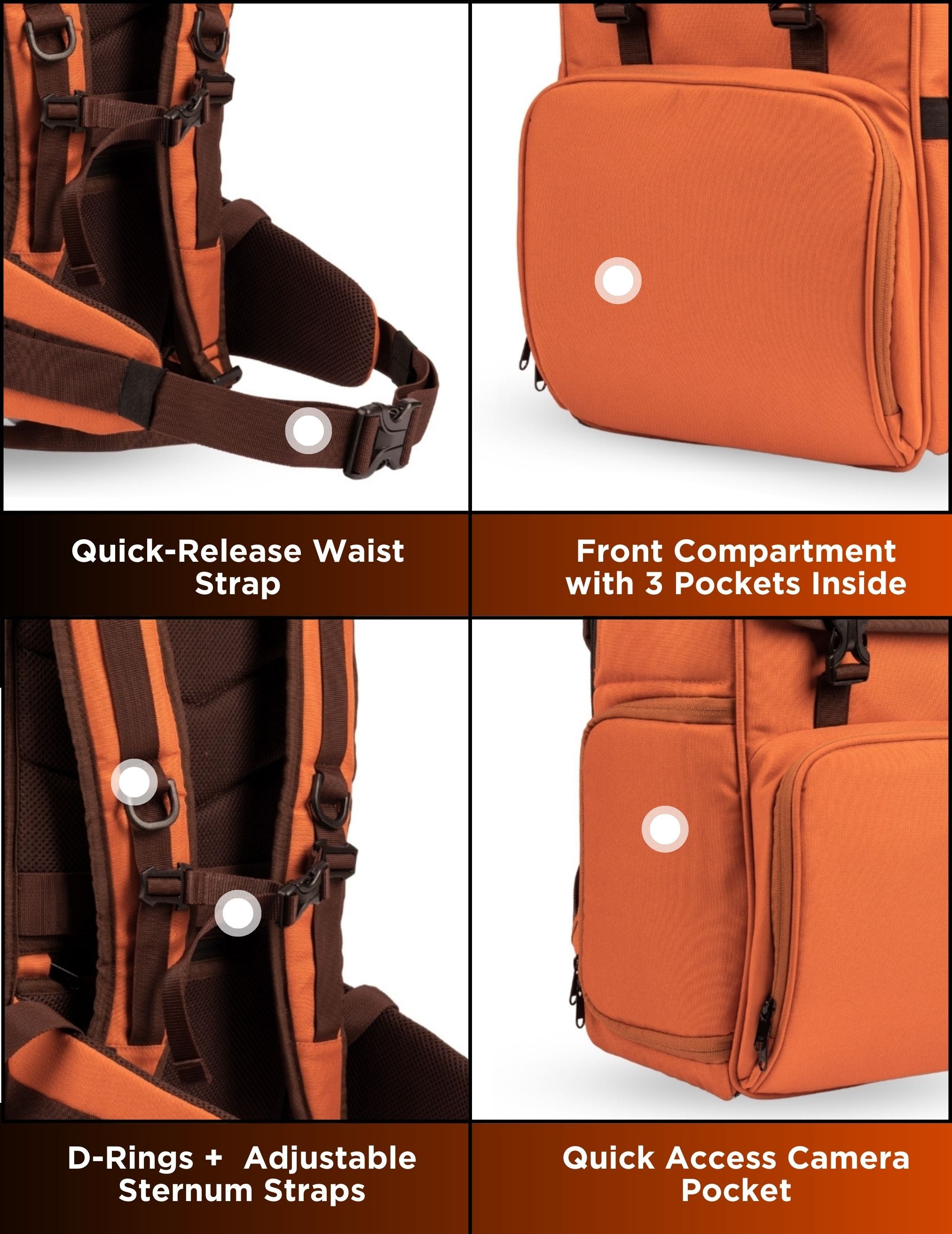 Carrypro Pango V2.0 Backpack Front View perfect for camera ready gear Interior Compartments Grid Orange #color_Rust Orange