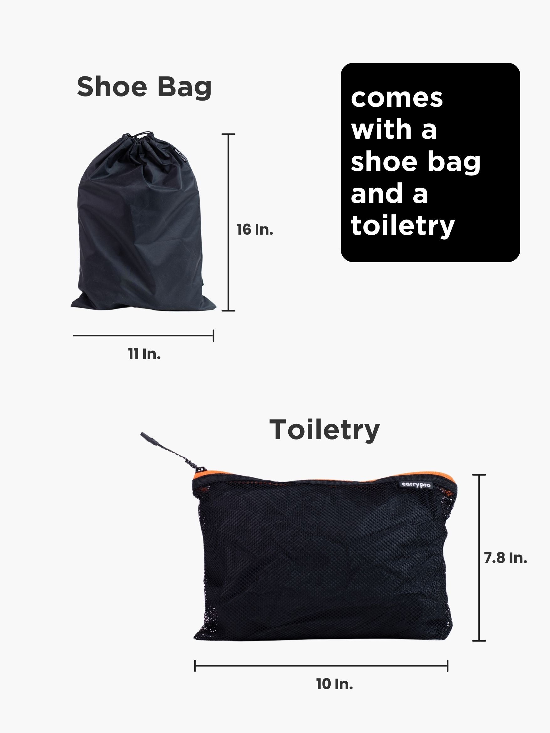 Carrypro black packing cube shown from top view with orange zipper detail, collapsed flat shoe bag and toiletry kit too #color_Black