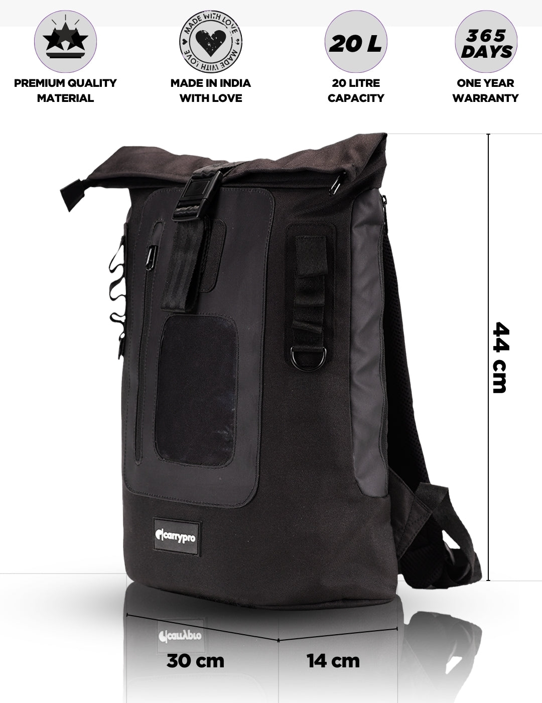 Roll-top backpack color options: Black, Olive Green, Grey, Neon Green, Orange, Camo
#color_Black