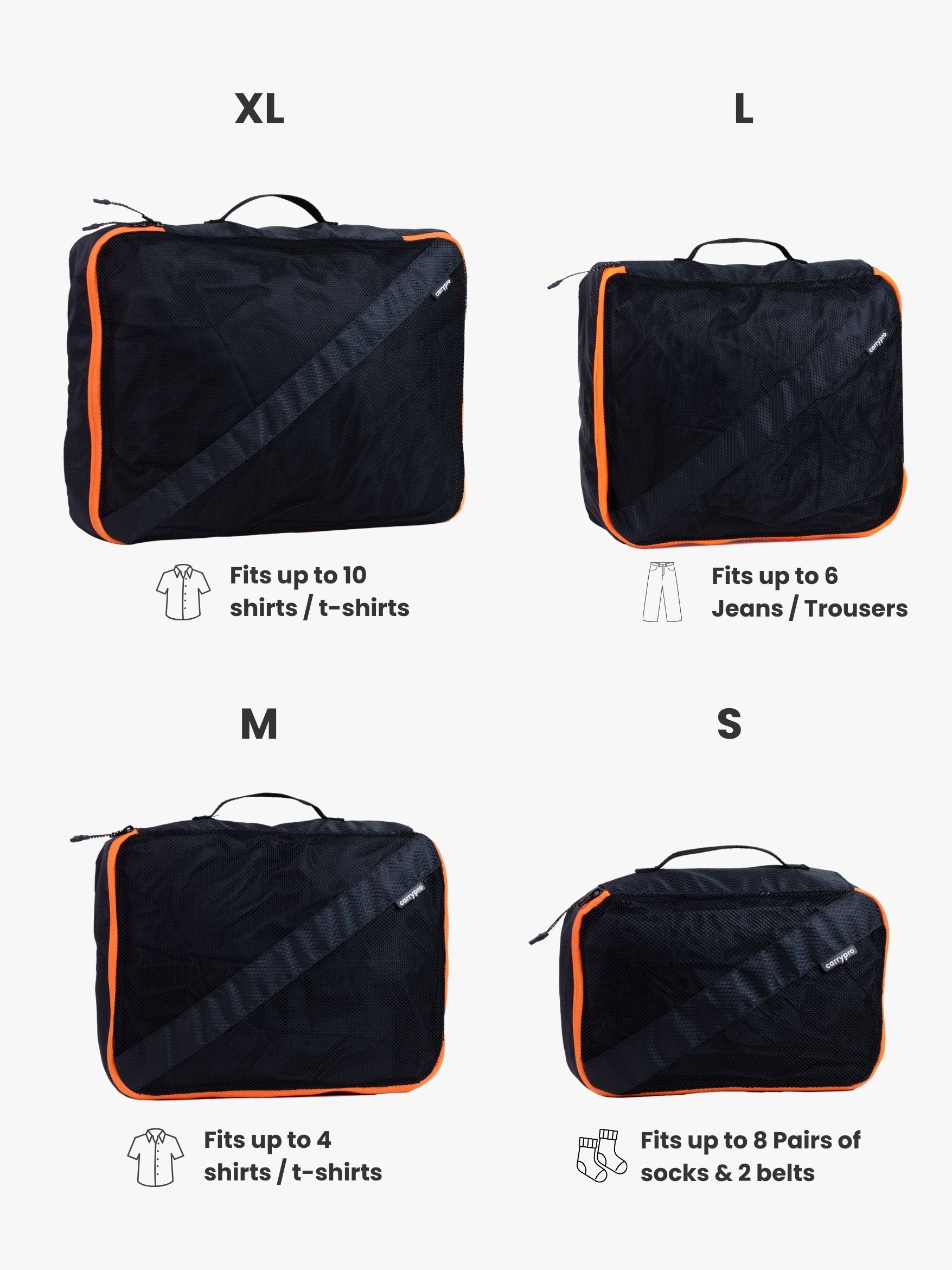 Carrypro Carrypro Top Features infographic showing packing cube set with labeled callouts on light background #color_Black