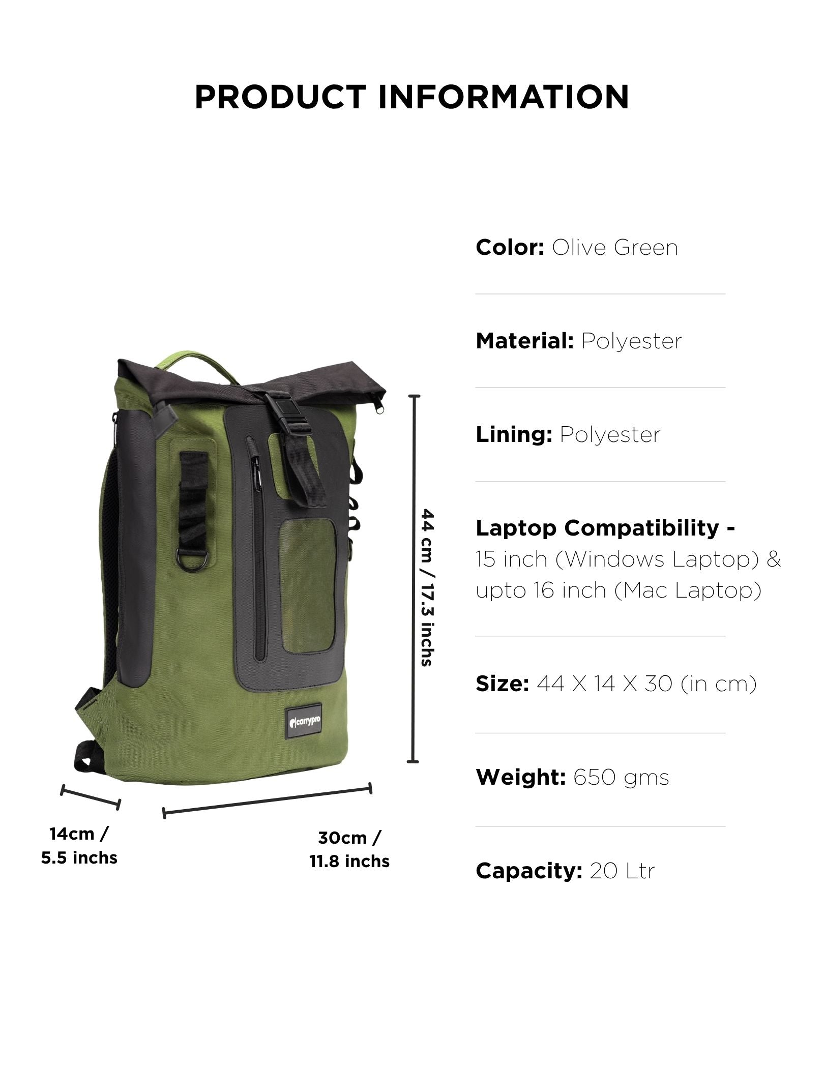 CARRYPRO MOJO V2.0 Everyday Backpack 20L(New) Front View #color_Olive Green
