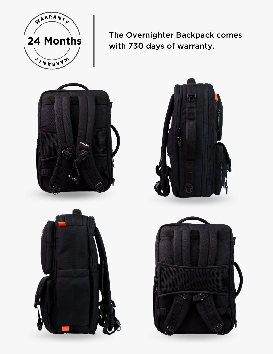 CarryPro Pro Overnighter Backpack Laptop Compartment Side Access - Midnight Black #color_midnight black