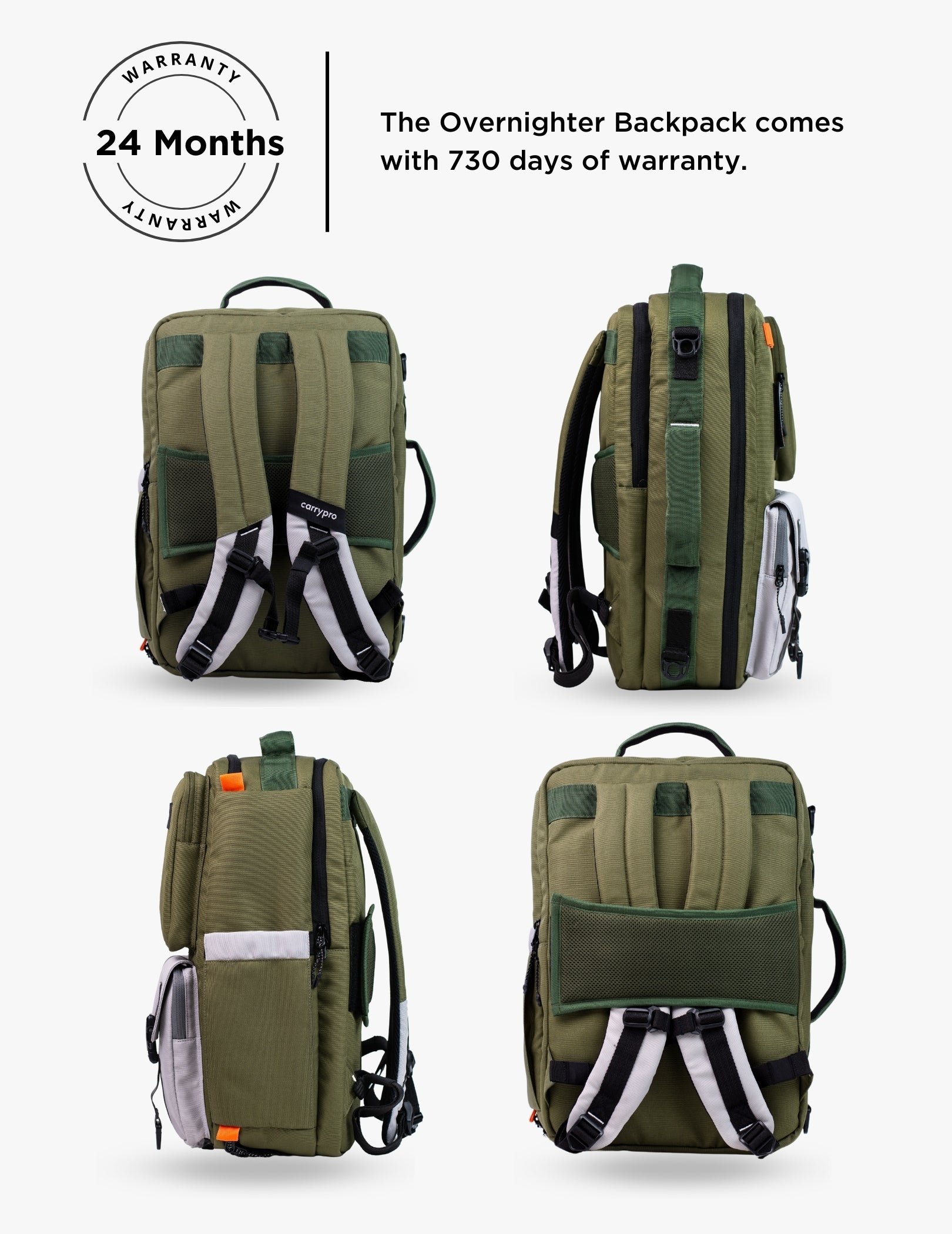 CarryPro Pro Overnighter Backpack Back Panel and Shoulder Straps - Olive Green #color_Olive Green