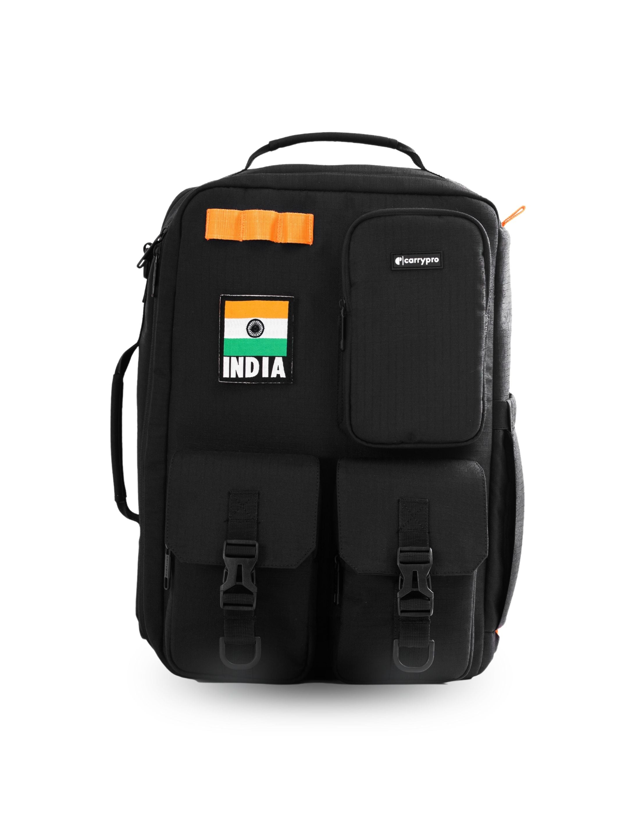 Black travel backpack with orange accent zipper, front view on white background #color_Black
