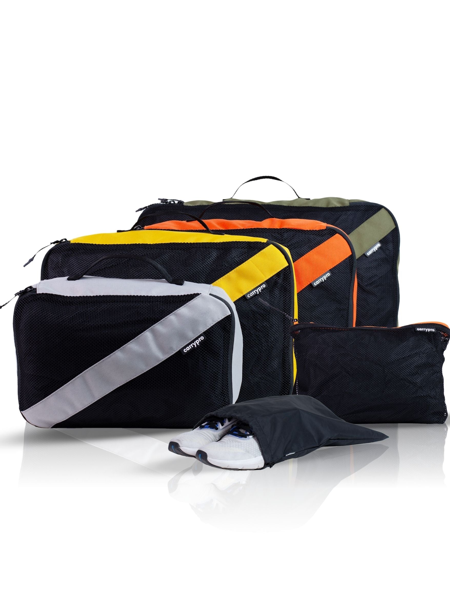 Multicolour Black travel packing cubes set with yellow and orange zipper accents, arranged together showing various sizes #color_Multicolor