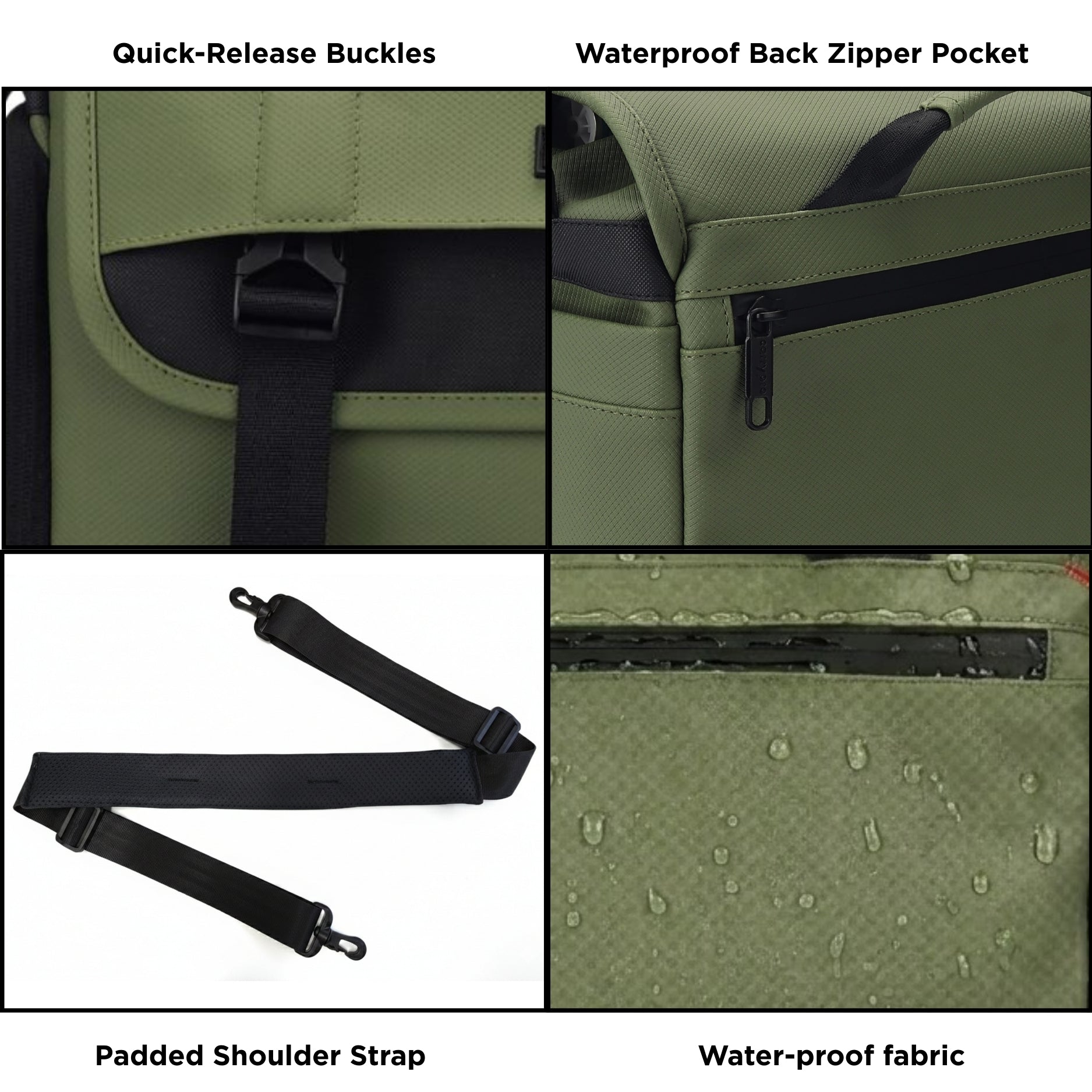 Carrypro The Pro Camera Sling Bag (10L) interior compartments Close up views for water proof and buckles view #color_Olive Green