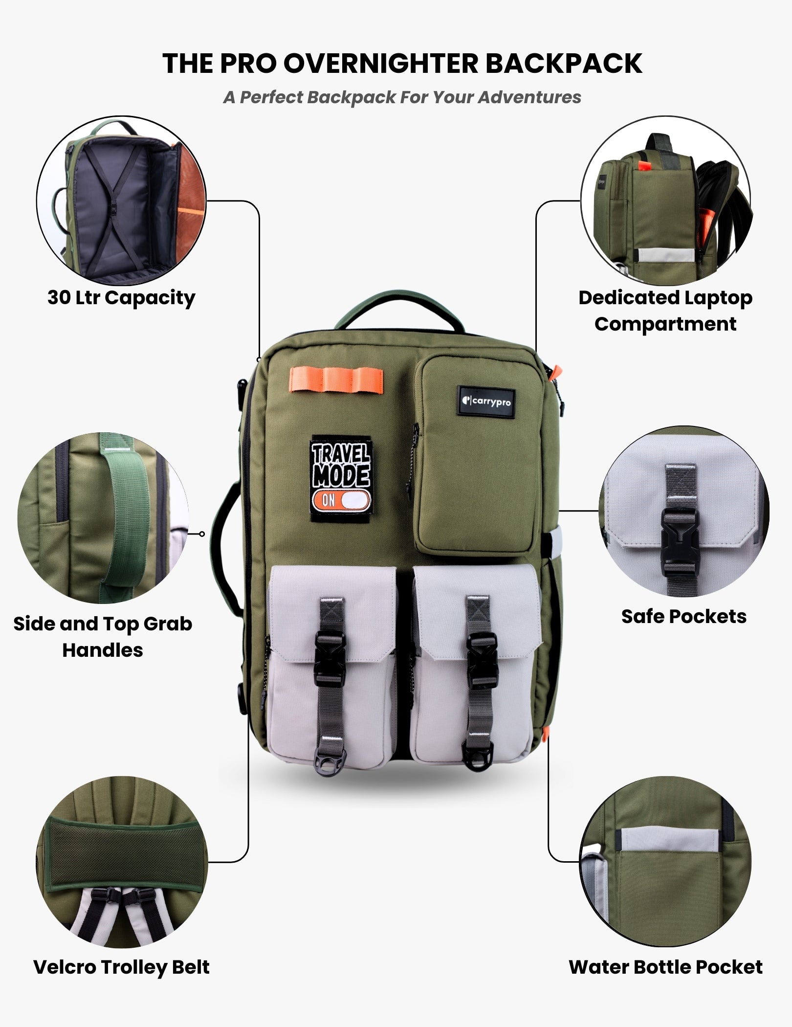 CarryPro Pro Overnighter Backpack Organiser Pockets Inside - Olive Green #color_Olive Green