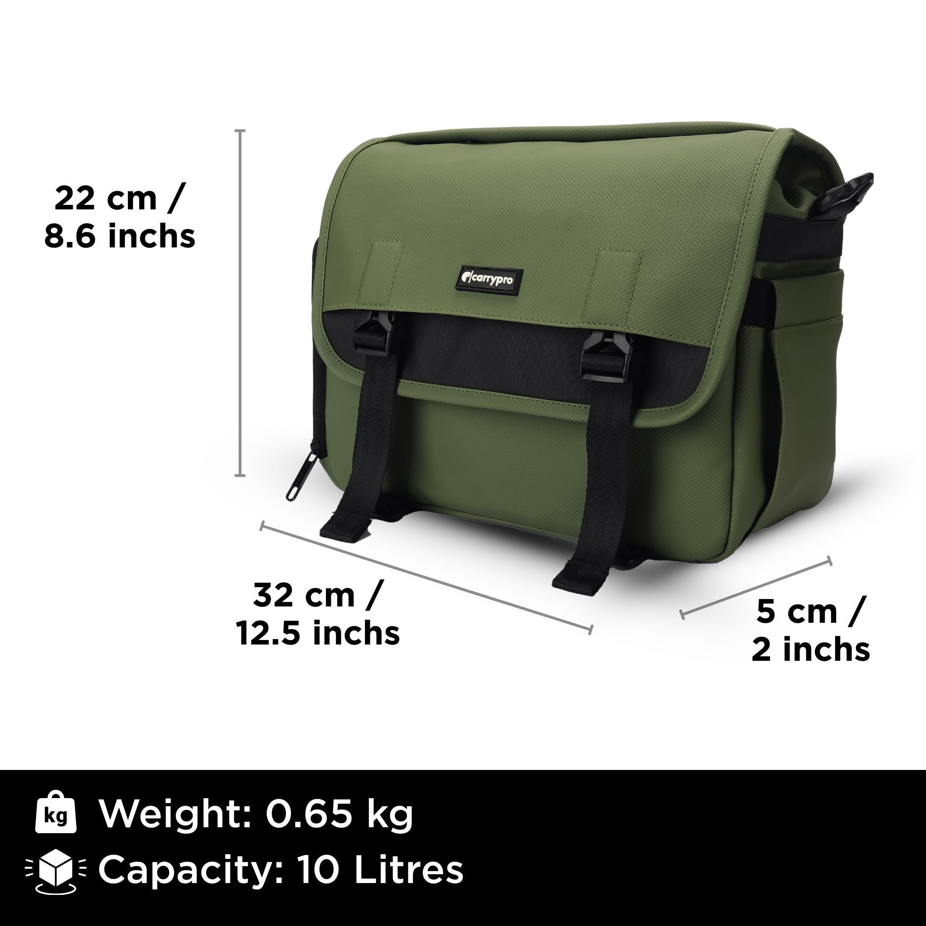 Carrypro The Pro Camera Sling Bag (10L) front Features and measurements #color_Olive Green