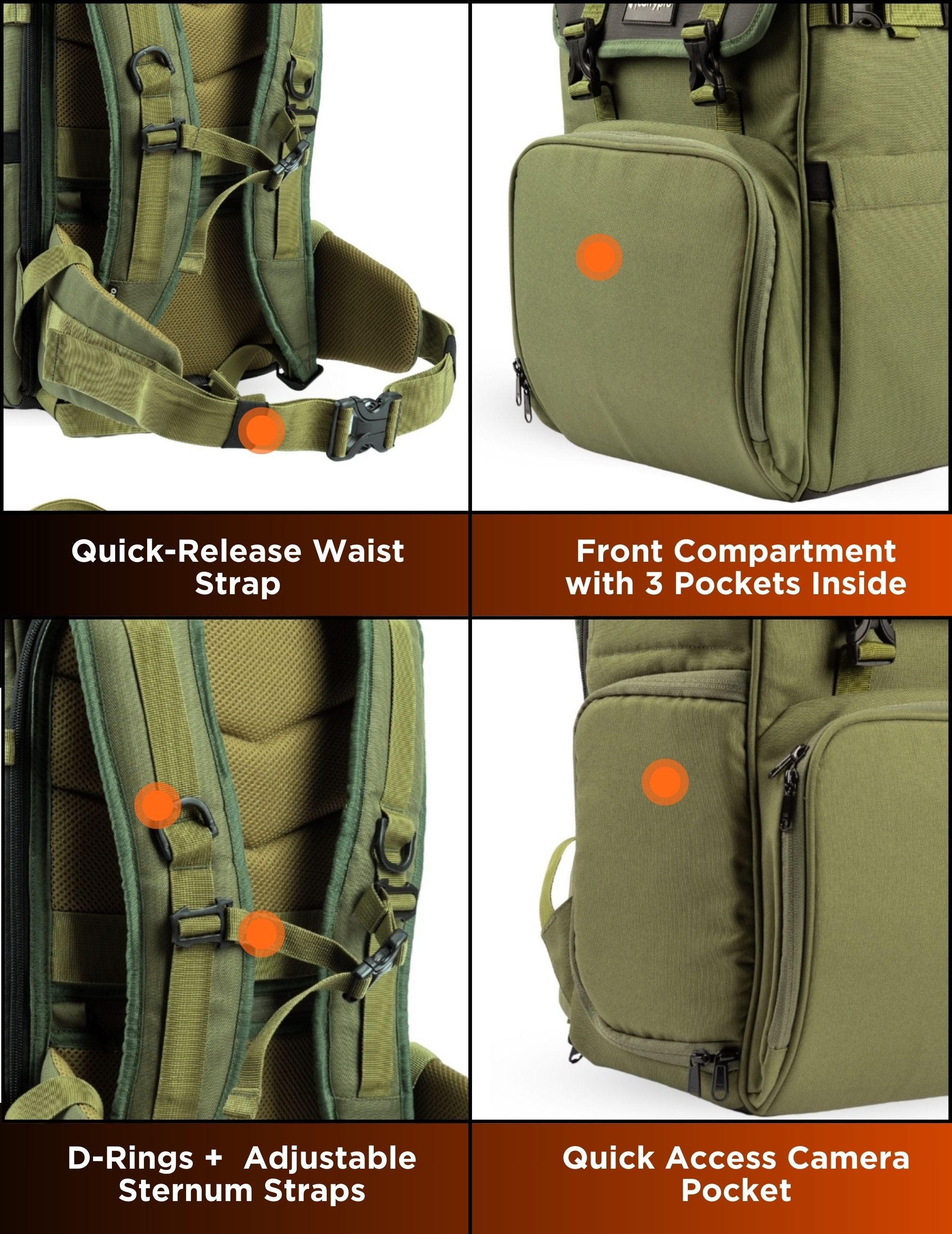 Carrypro Pango V2.0 Backpack Front View perfect for camera ready gear Interior Compartments Grid Olive Green #color_Olive Green
