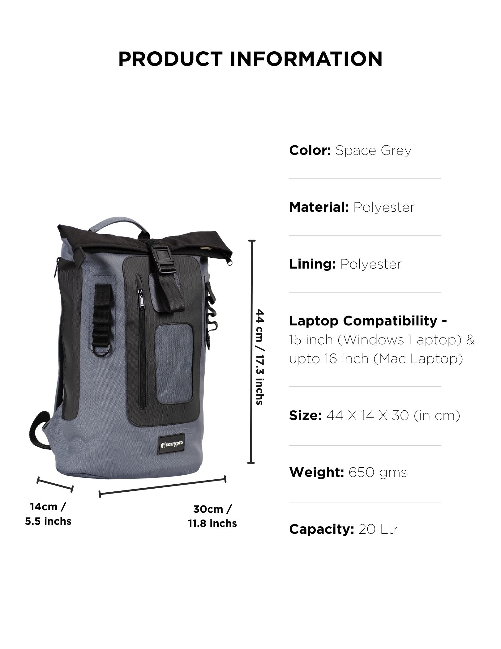 CARRYPRO MOJO V2.0 Everyday Backpack 20L(New) Front View #color_Space Grey
