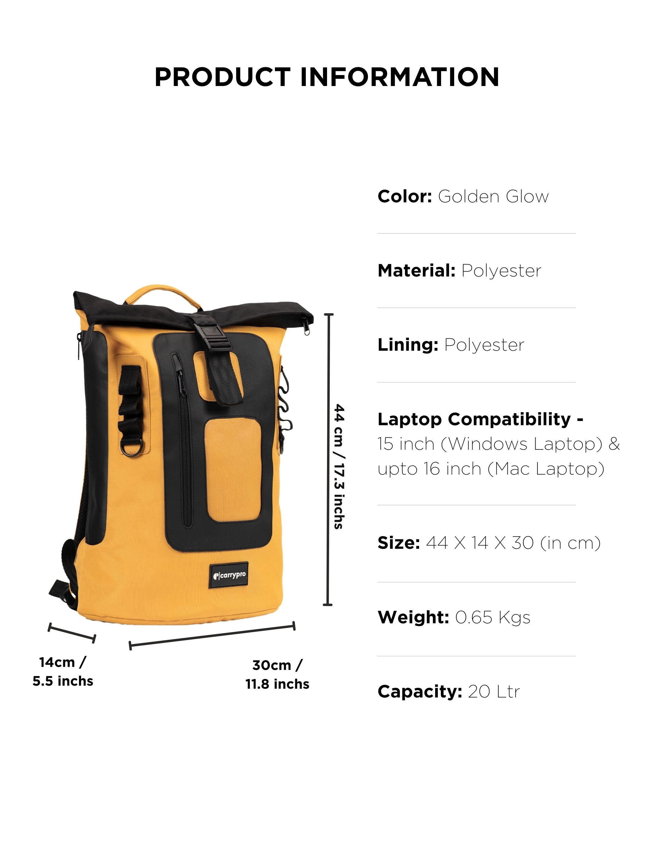 CARRYPRO MOJO V2.0 Everyday Backpack 20L(New) Front View Measurements #color_Golden Glow