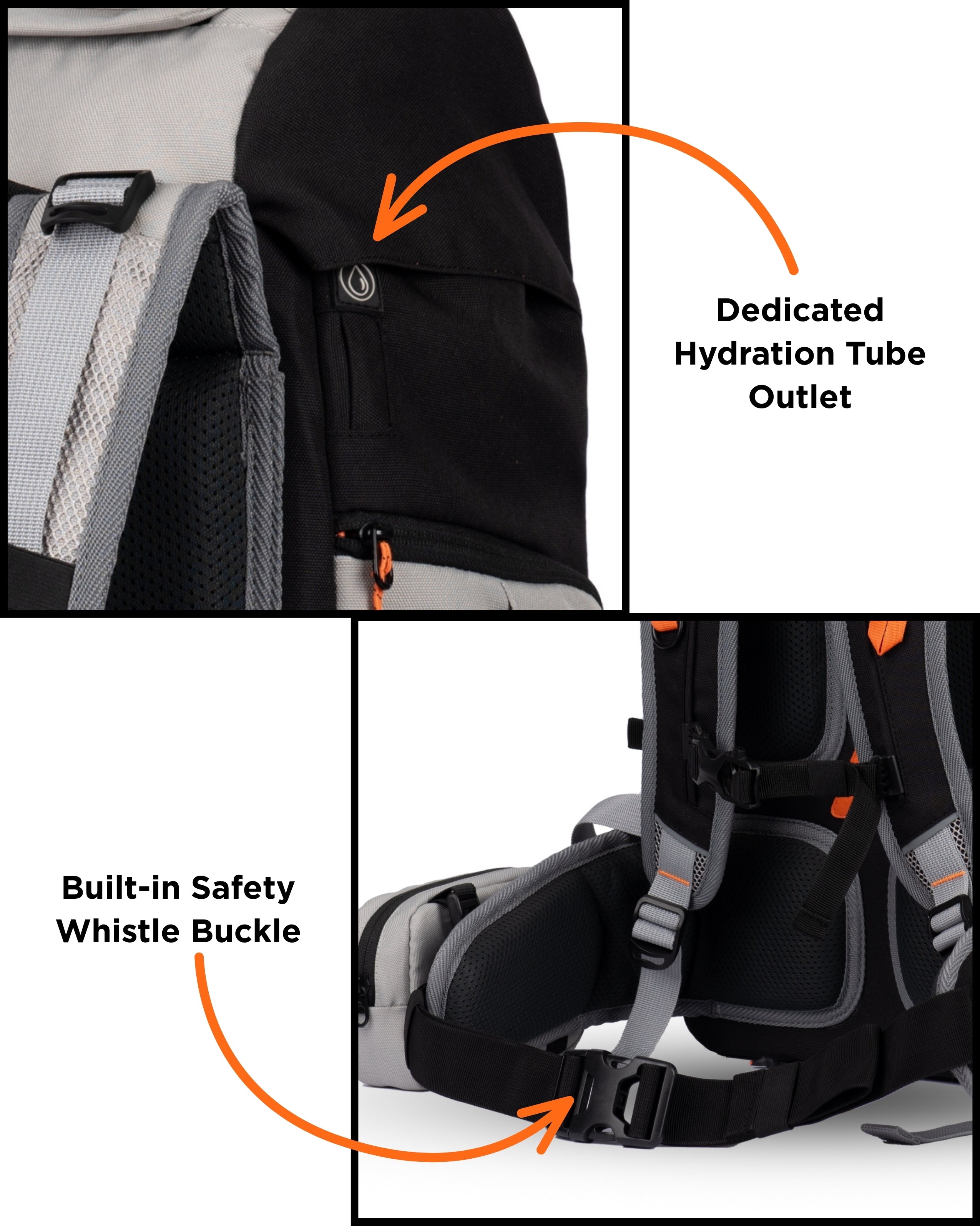 CarryPro HOBO40 V2.0 40L Functional Travel Backpack Front Features #color_Grey Black