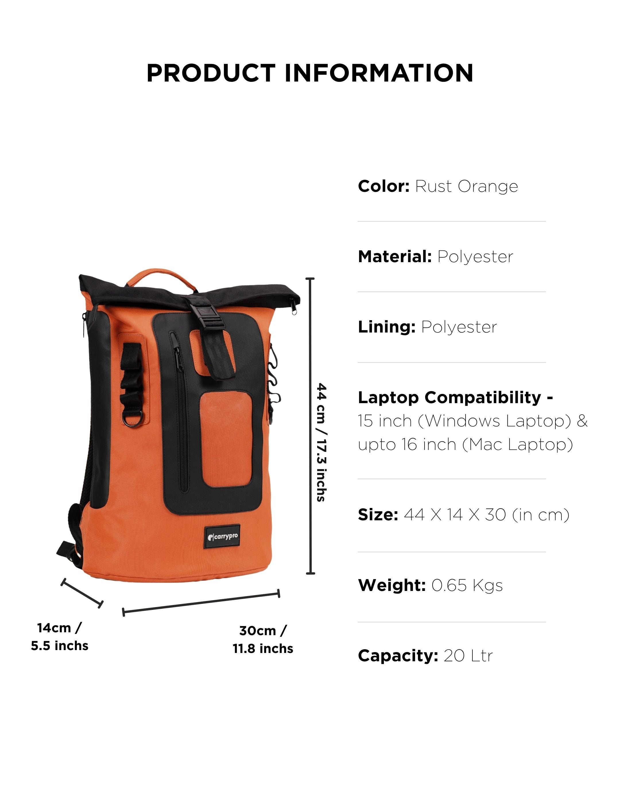 CARRYPRO MOJO V2.0 Everyday Backpack 20L(New) Front View Measurements #color_Rust Orange