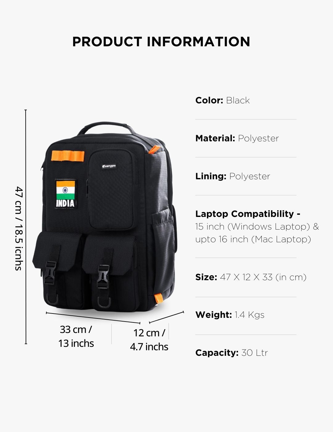 Olive green backpack product information chart with dimensions and features #color_Midnight Black