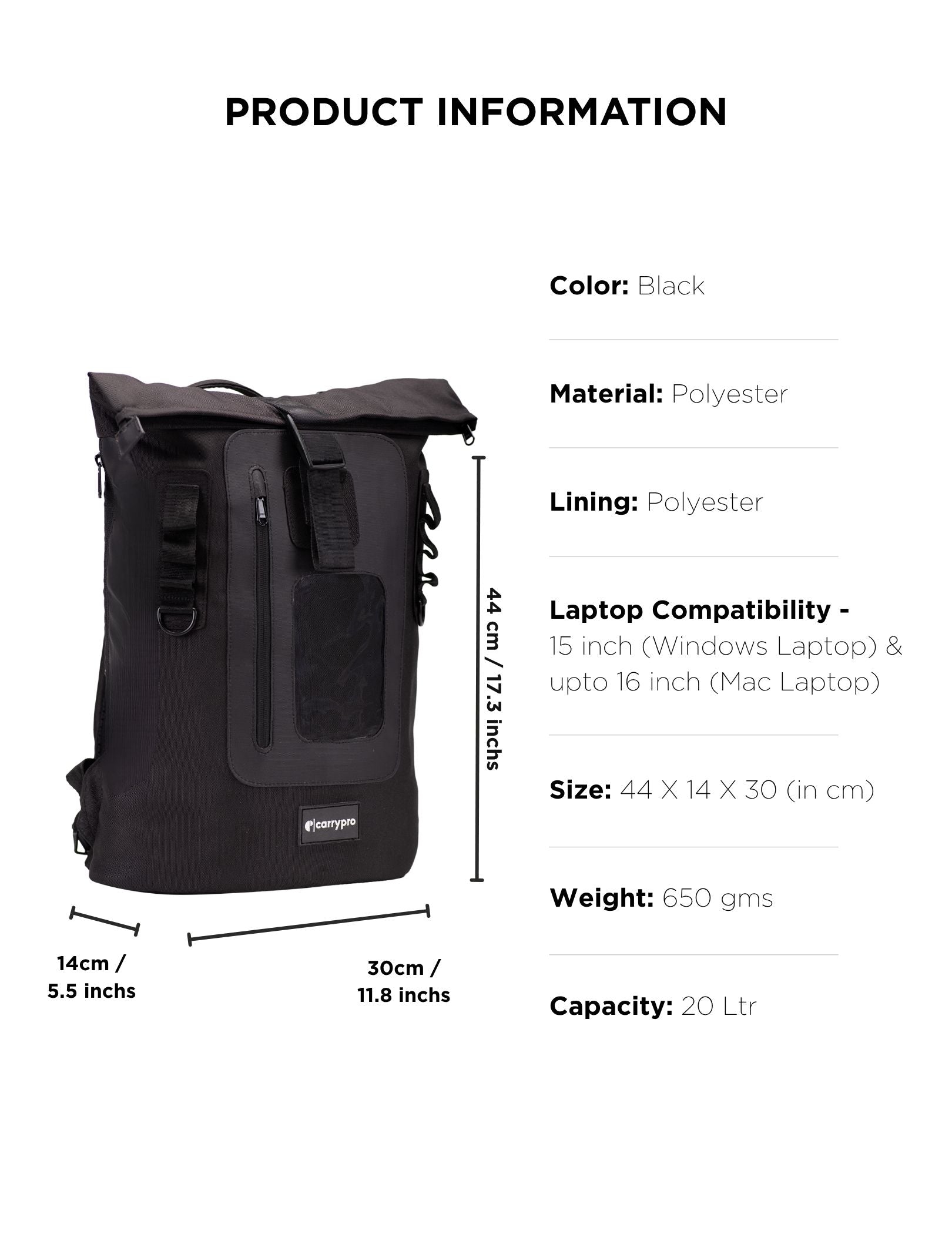 CARRYPRO MOJO V2.0 Everyday Backpack 20L(New) Front View #color_Black