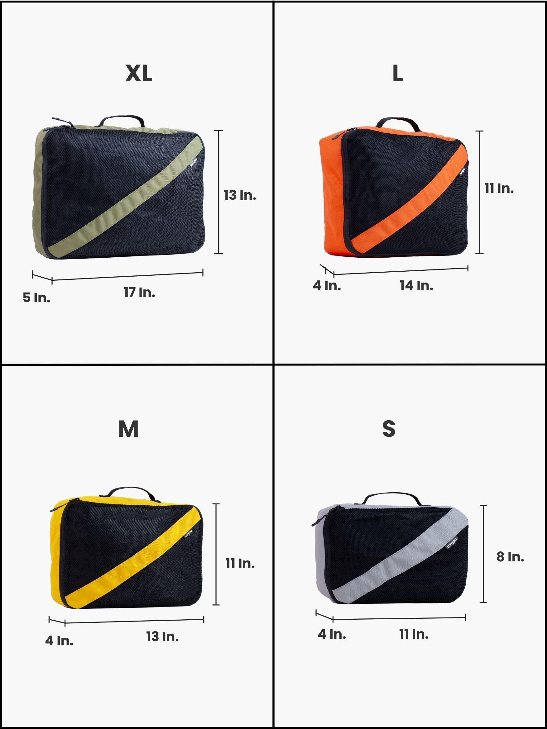 Carrypro Multicolor Black packing cube shown from top view with orange zipper detail, collapsed flat measurements of all cubes #color_Multicolor