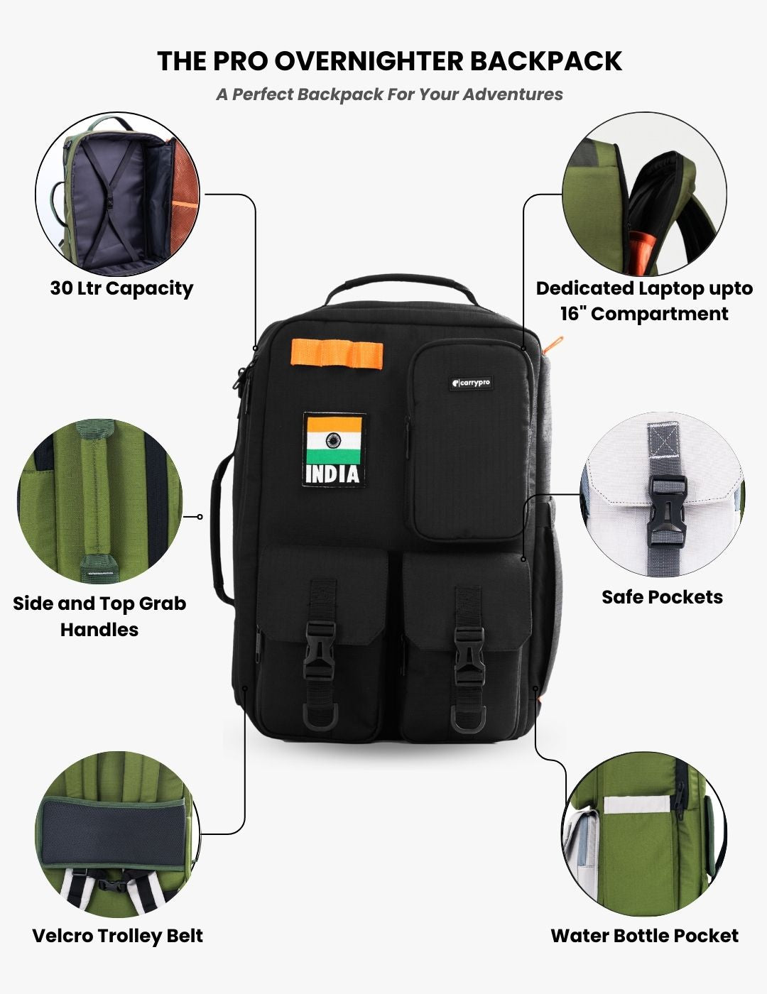 Black backpack product specification chart showing compartments #color_Midnight Black