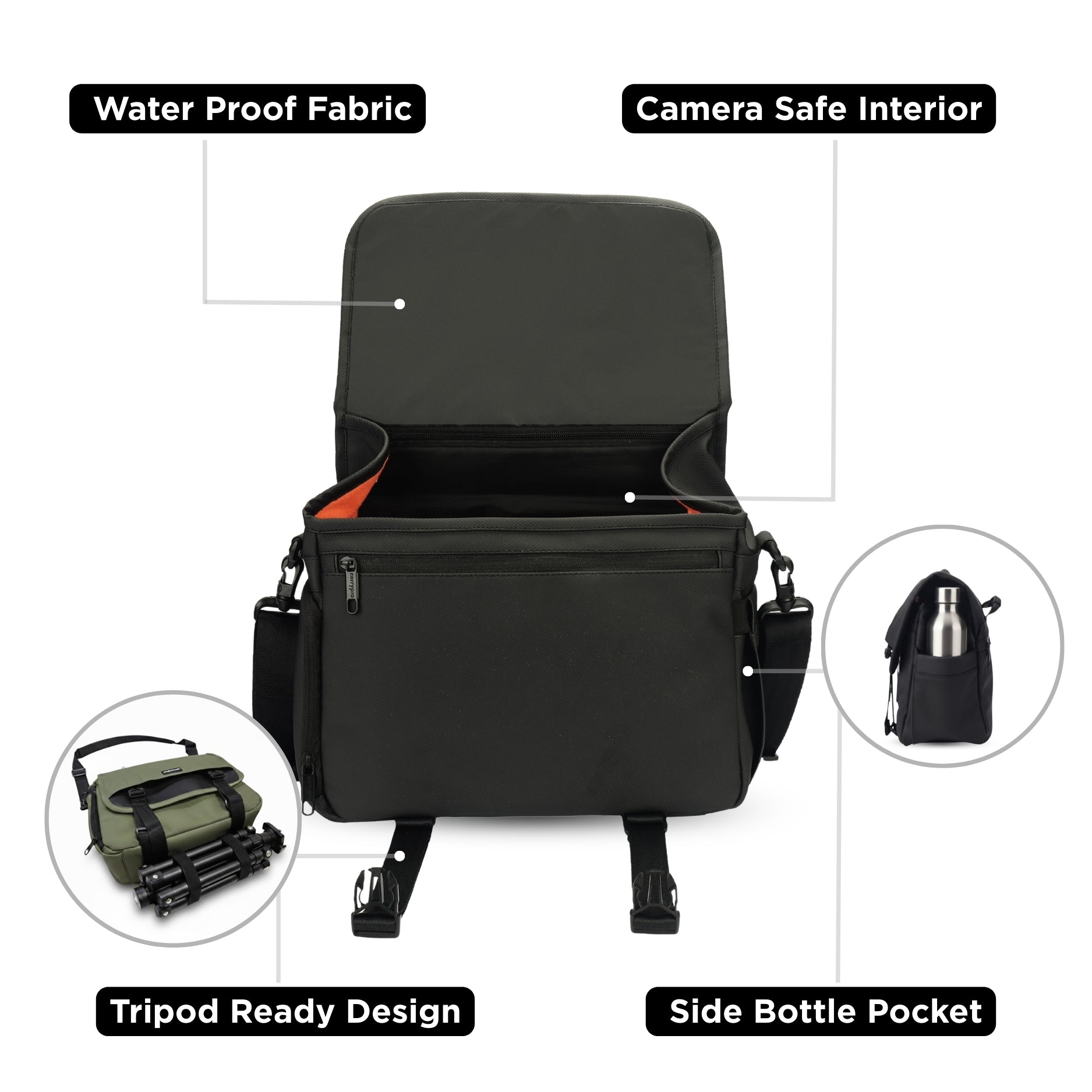 Carrypro The Pro Camera Sling Bag (10L) interior compartments Interior Compartments fabric water proof
and pockets #color_Black