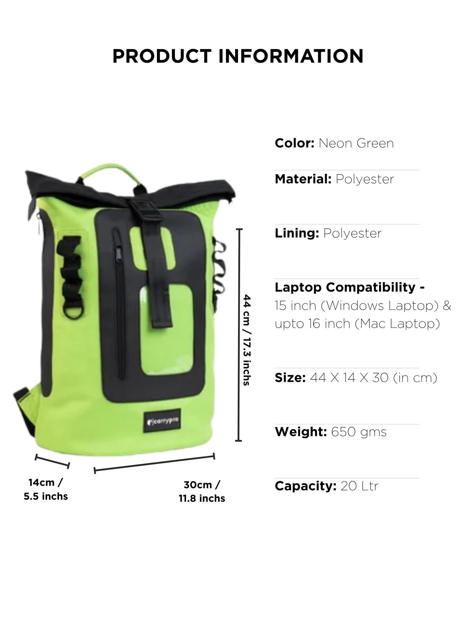 CARRYPRO MOJO V2.0 Everyday Backpack 20L(New) Front View Measurements #color_Neon Green
