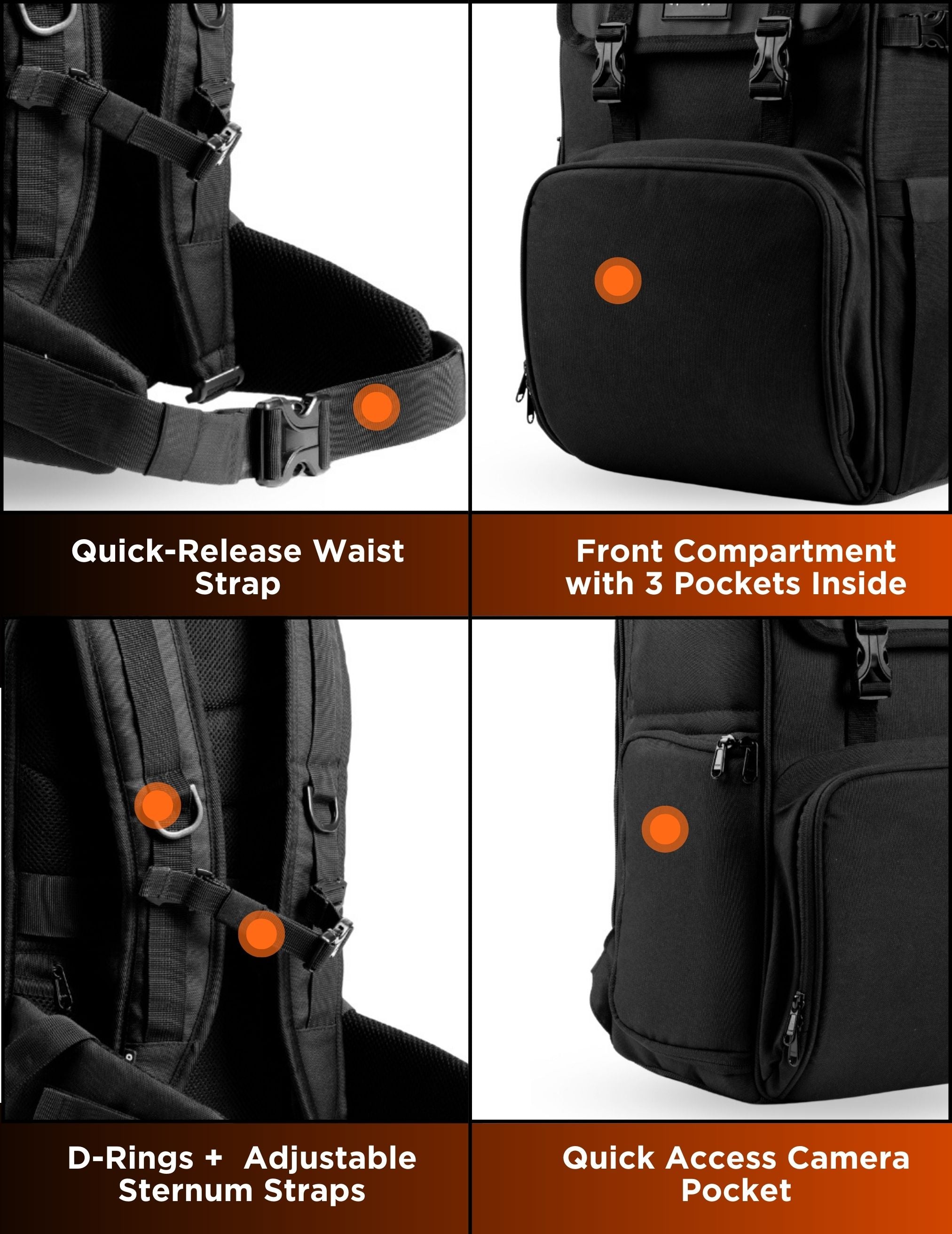 Carrypro Pango V2.0 Backpack Front View perfect for camera ready gear Interior Compartments Grid Black #color_Black
