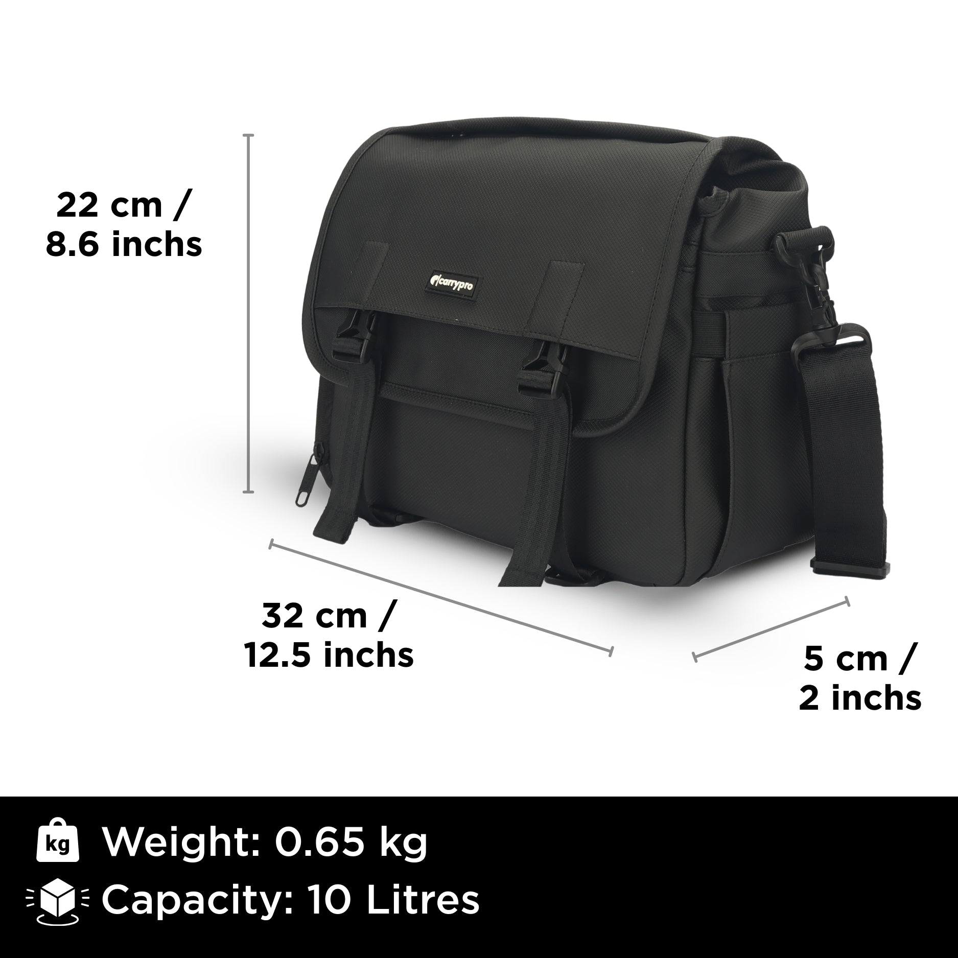 Carrypro The Pro Camera Sling Bag (10L) front Features and measurements #color_Black