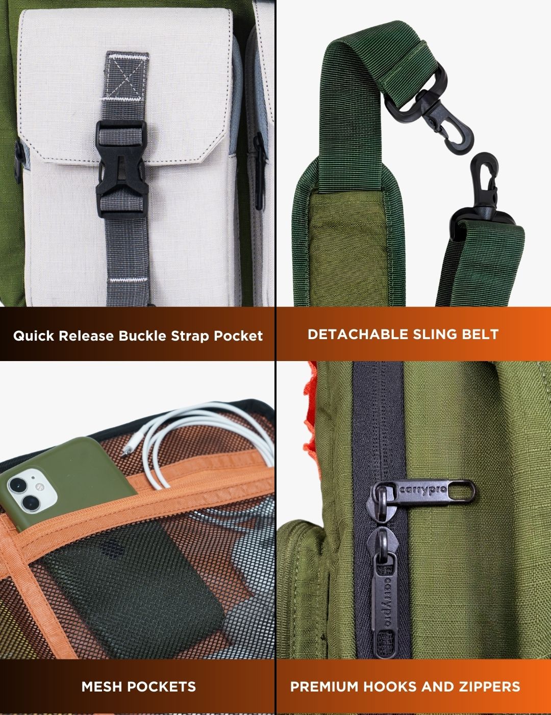 Overnighter Travel Backpack Features Grid #color_Olive Green