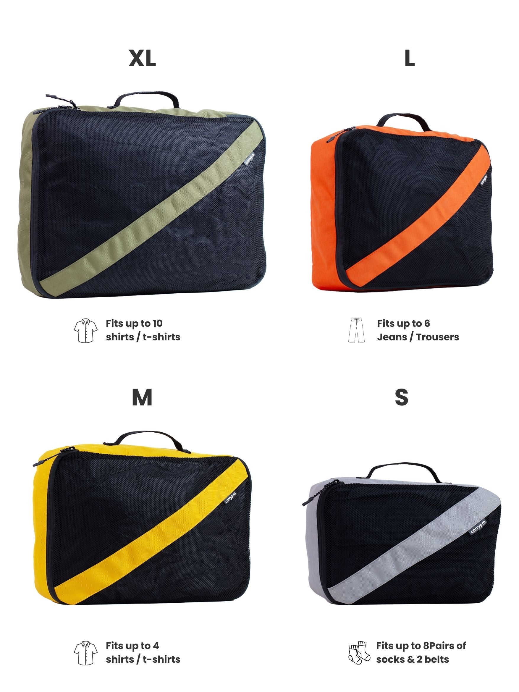 Carrypro Carrypro Top Features infographic showing packing cube set with labeled callouts on light background #color_Multicolor