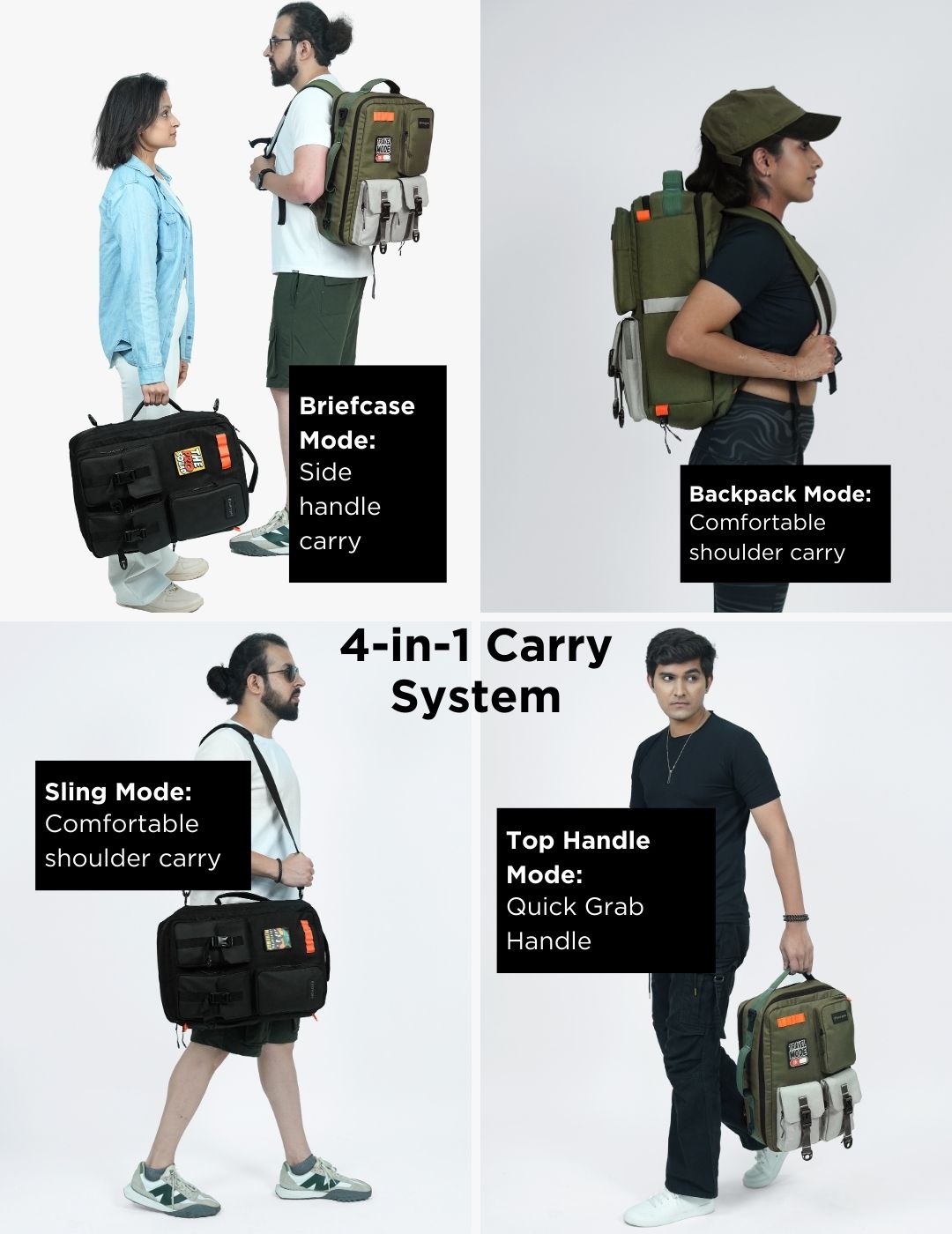 overnighter Travel Backpack Model Images In four Carry Modes #color_Midnight Black