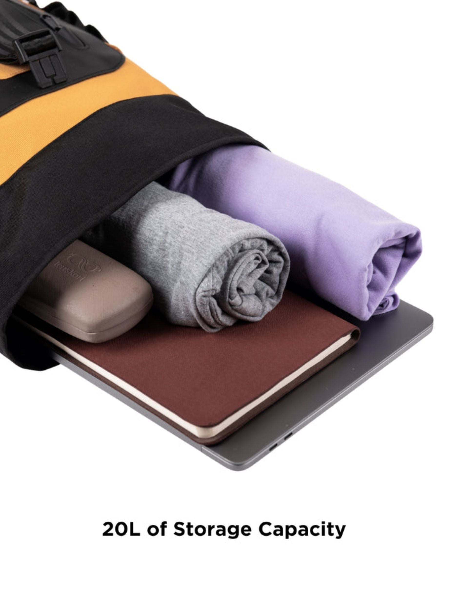 Roll-top backpack storage capacity infographic showing packing examples
#color_Golden Glow