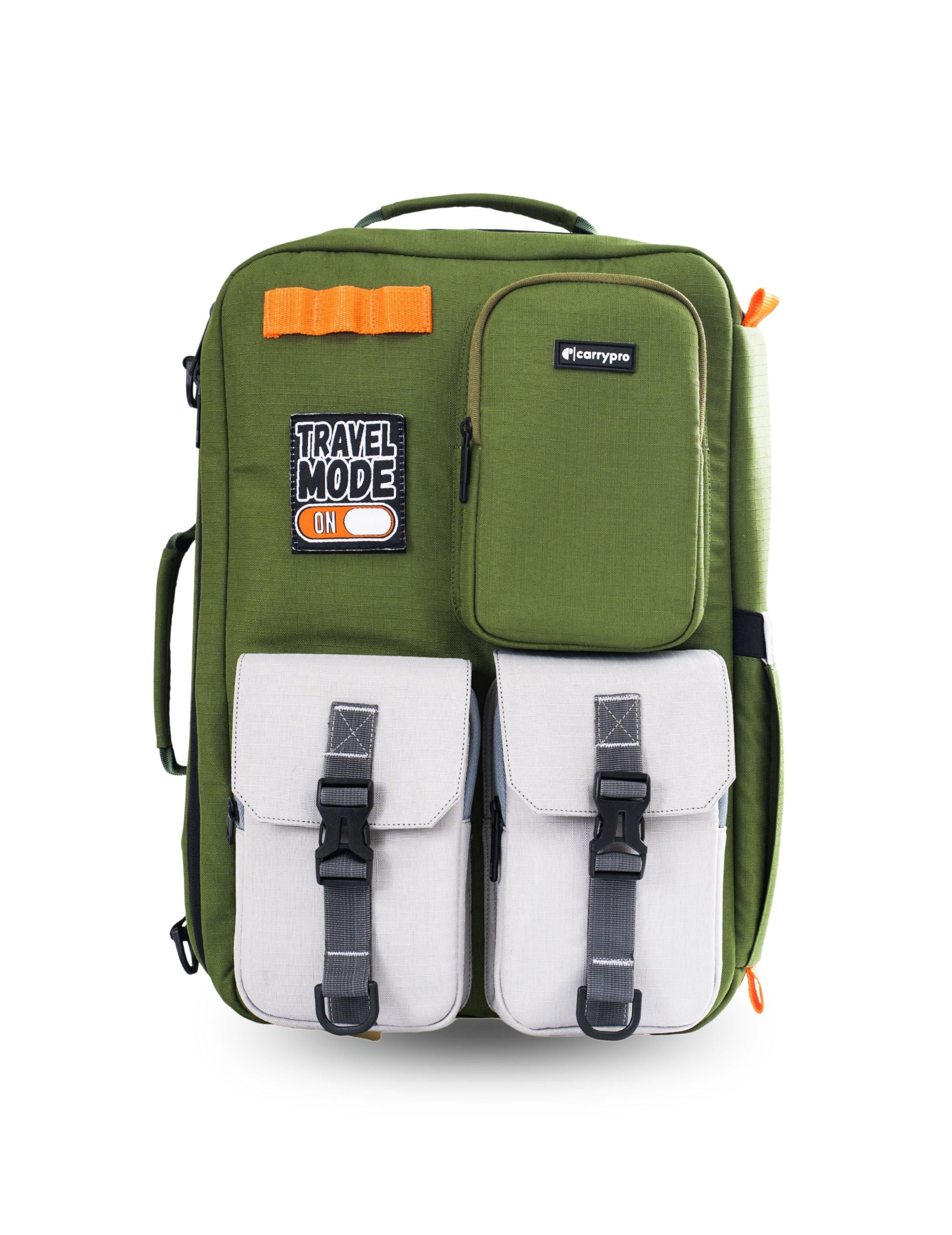 Olive green travel backpack with orange label and compression straps, front view #color_Olive Green
