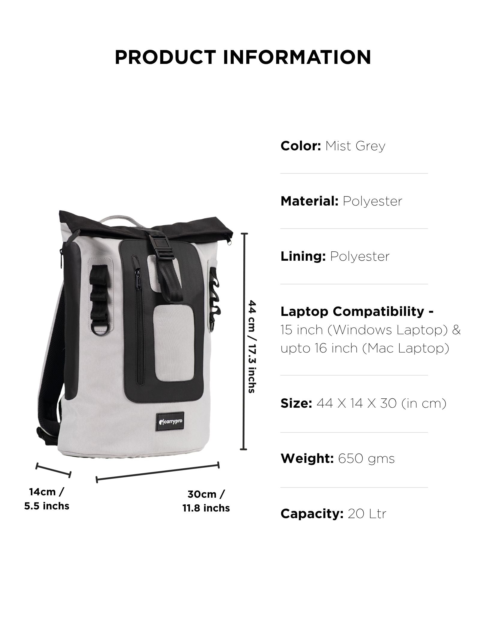 CARRYPRO MOJO V2.0 Everyday Backpack 20L(New) Front View #color_Mist Grey