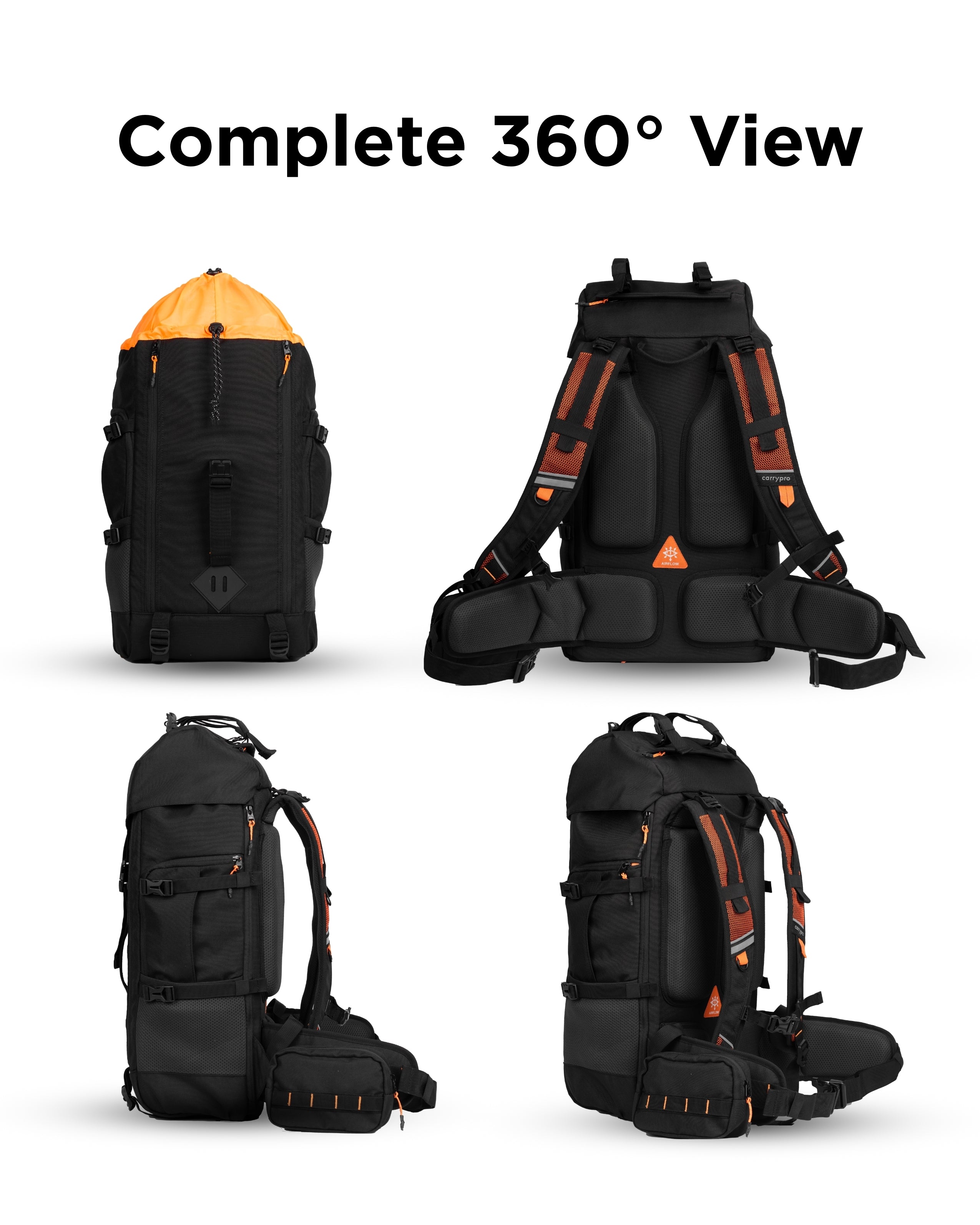 CarryPro HOBO40 V2.0 40L Functional Travel Backpack 360 degree view of rust orange backpack- #color_Black
