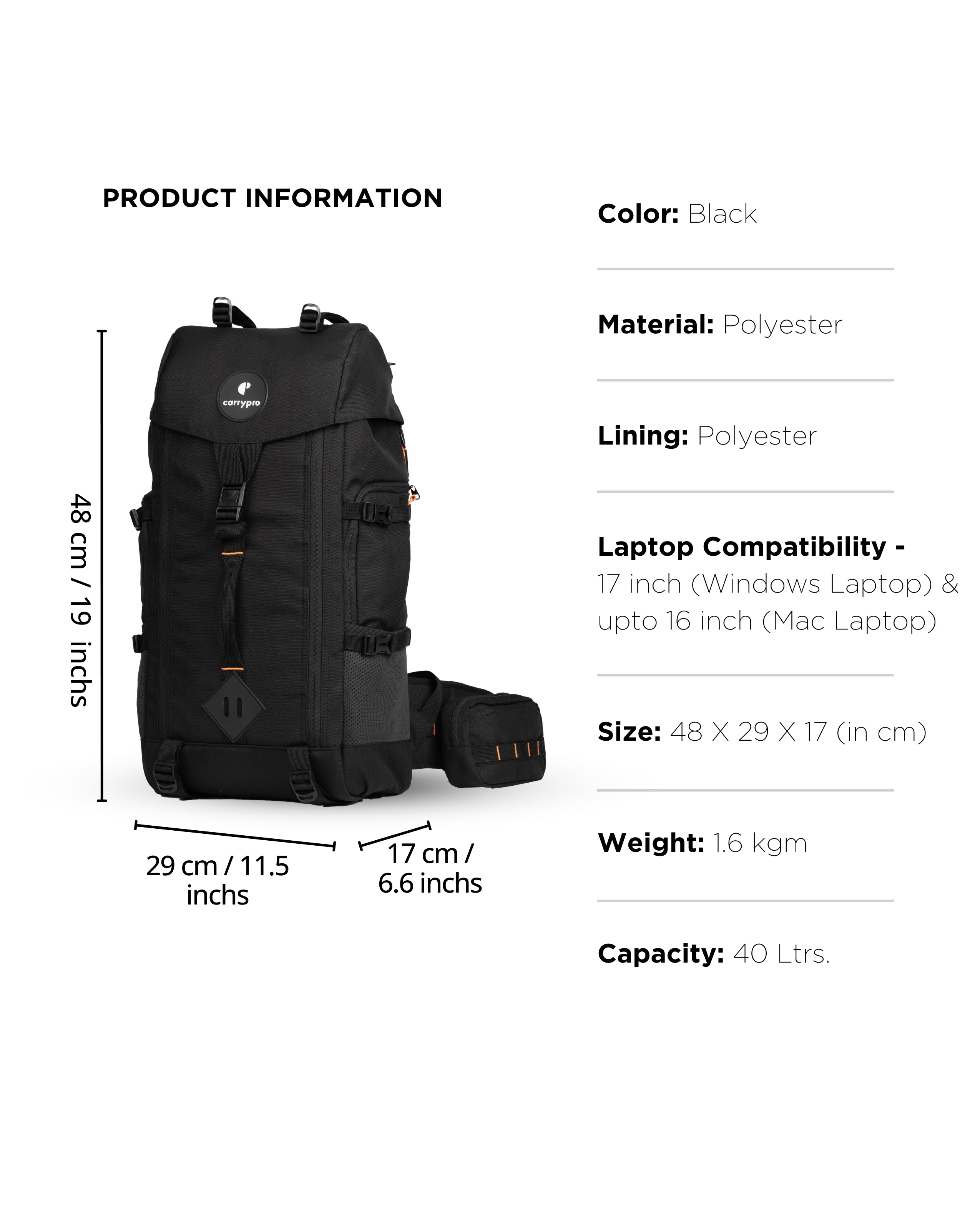 HOBO40 V2.0 carrypro backpack front 40 litres backpack trekking and traveling Features Measurements #color_Black