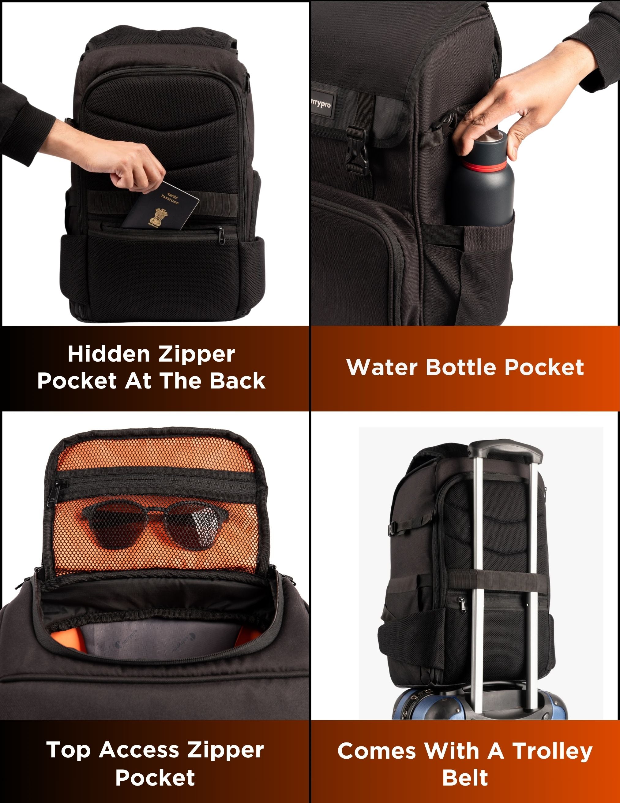 Carrypro Pango V2.0 Backpack Front View perfect for camera ready gear Interior Compartments #color_Black