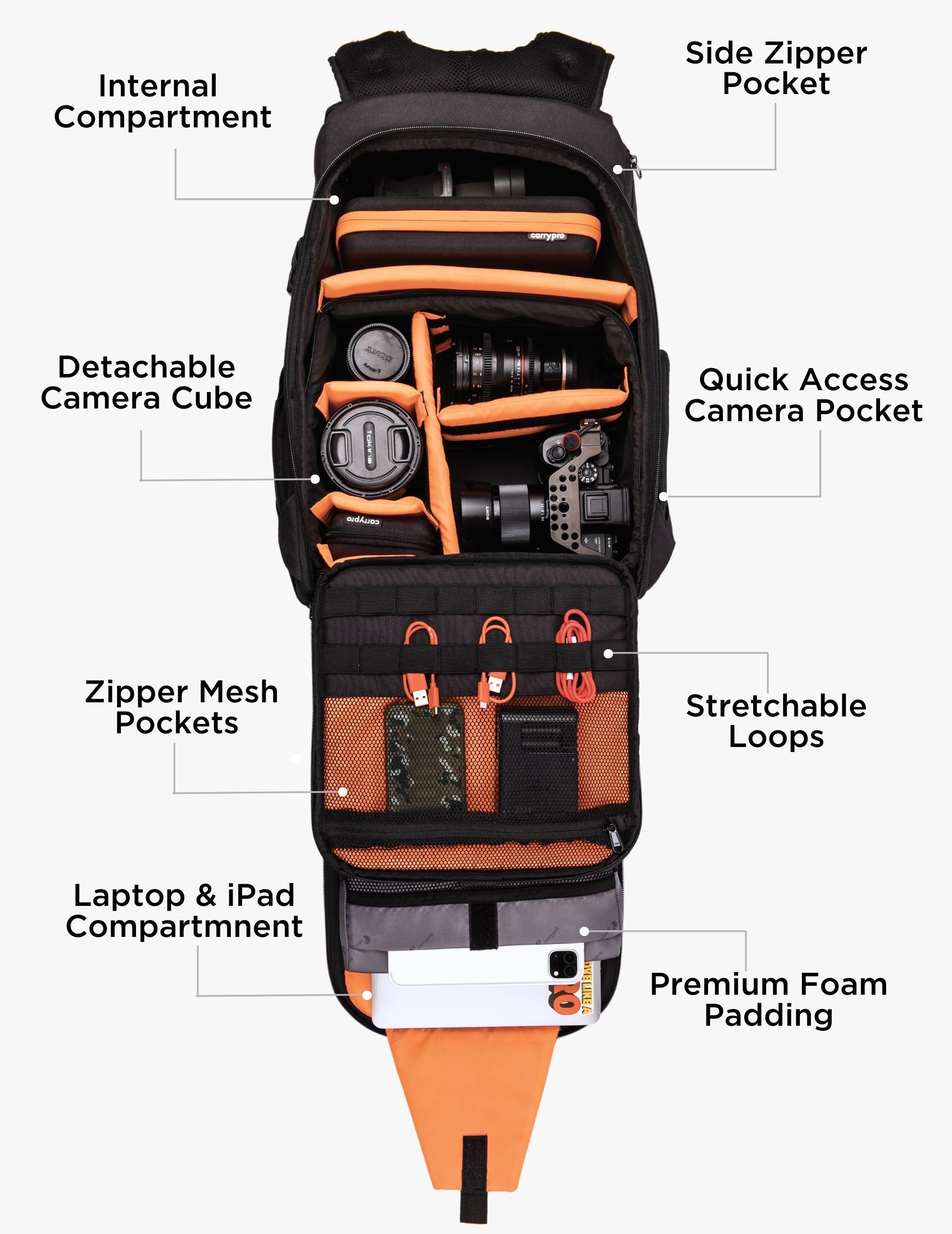 Carrypro Pango V2.0 Backpack Front View perfect for camera ready gear Interior Compartments #color_Rust Orange