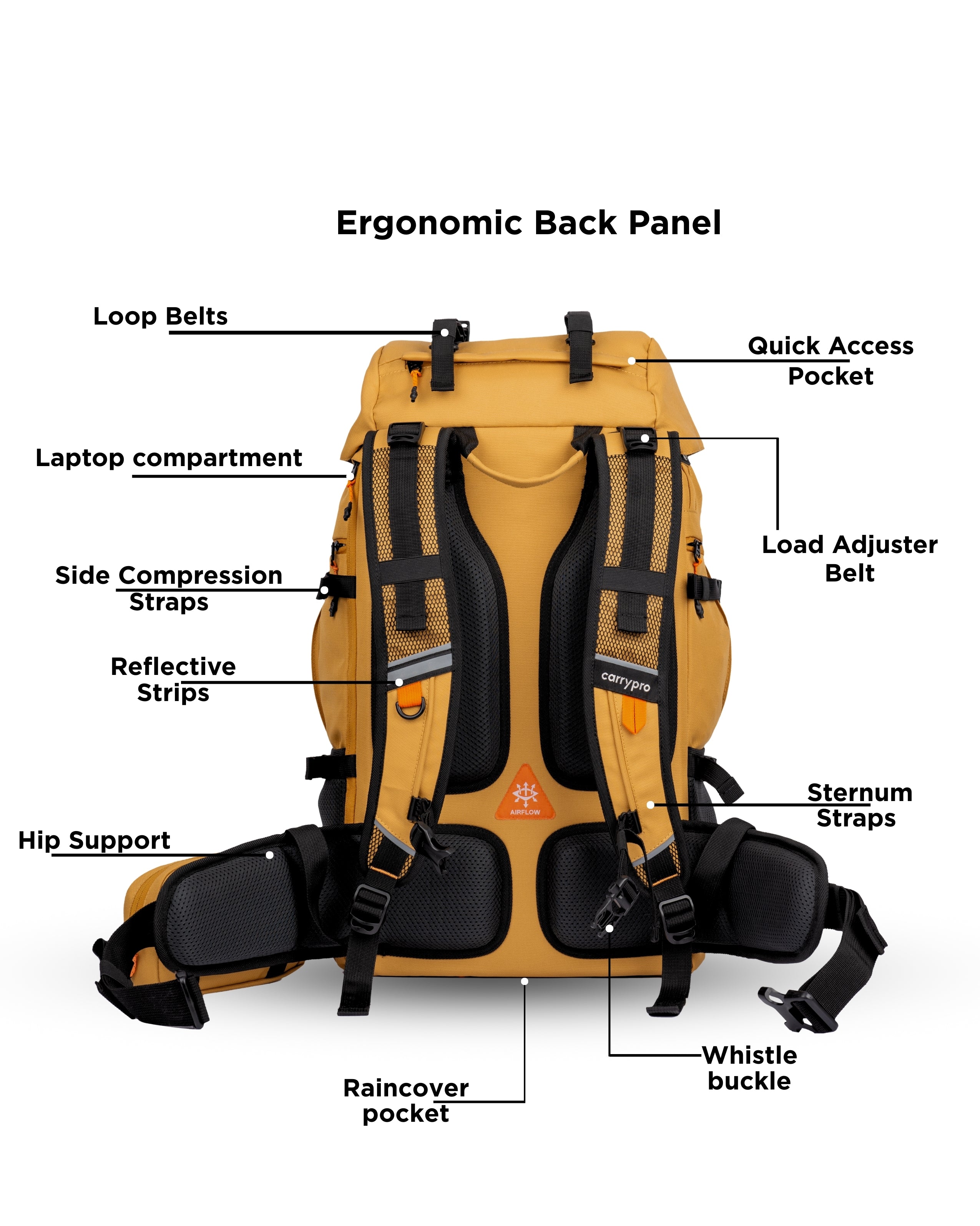 CarryPro HOBO40 V2.0 40L Functional Travel Backpack Front Features #color_Golden Glow