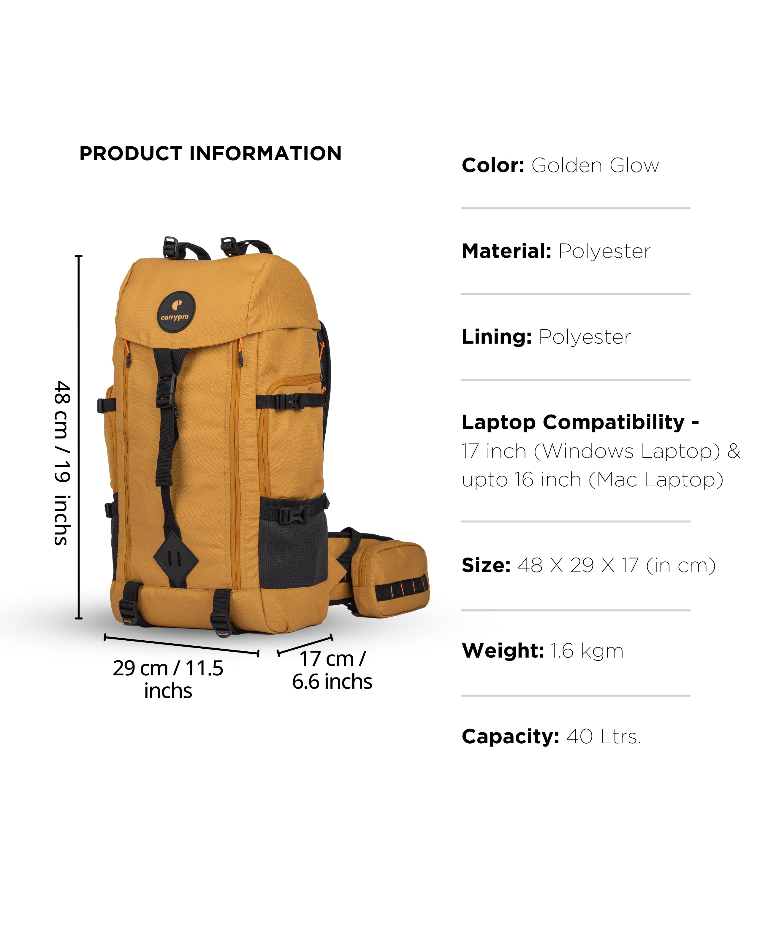 HOBO40 V2.0 carrypro backpack front 40 litres backpack trekking and traveling Features Measurements #color_Golden Glow