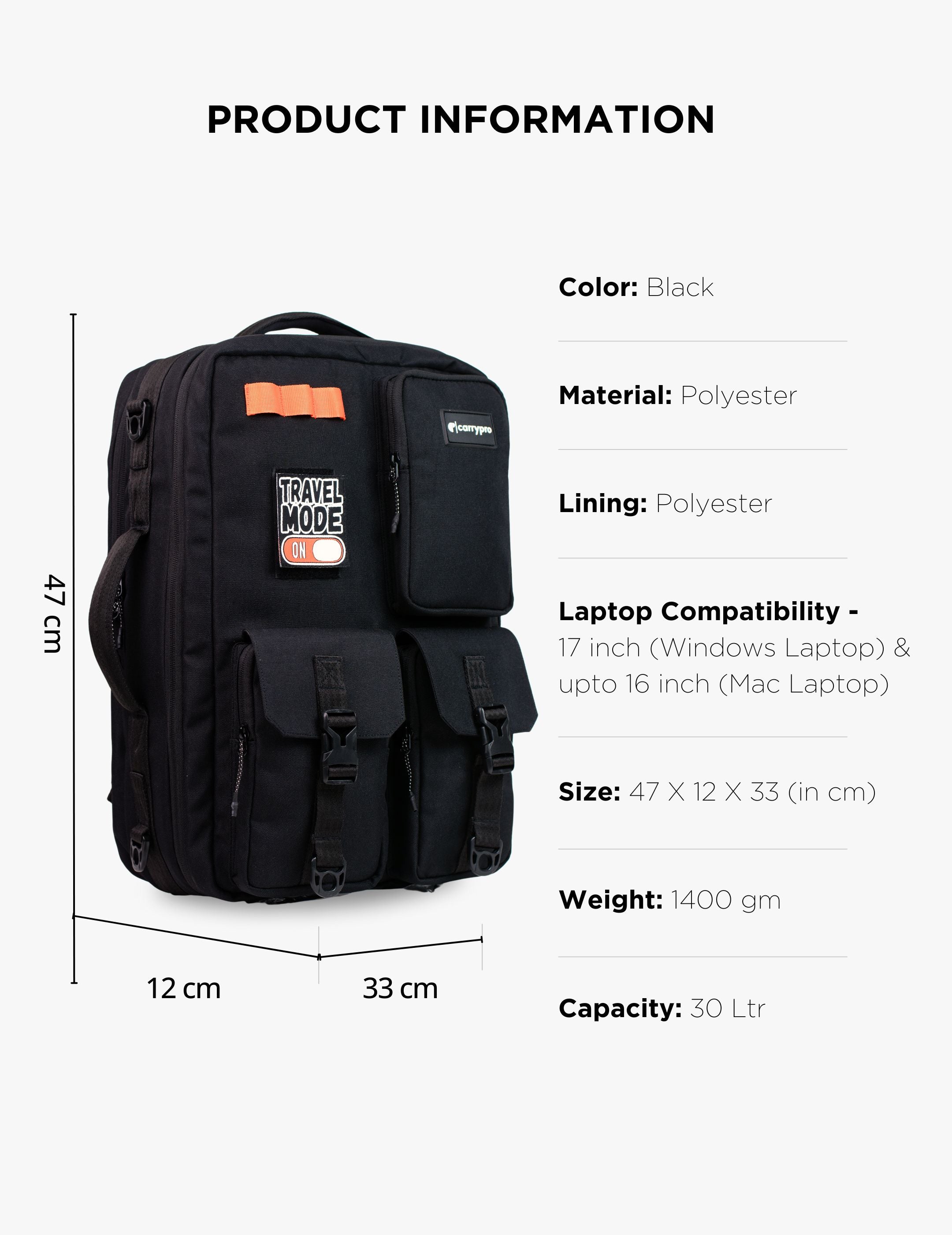 CarryPro Pro Overnighter 30L Backpack Features and Specifications - Midnight Black #color_midnight black