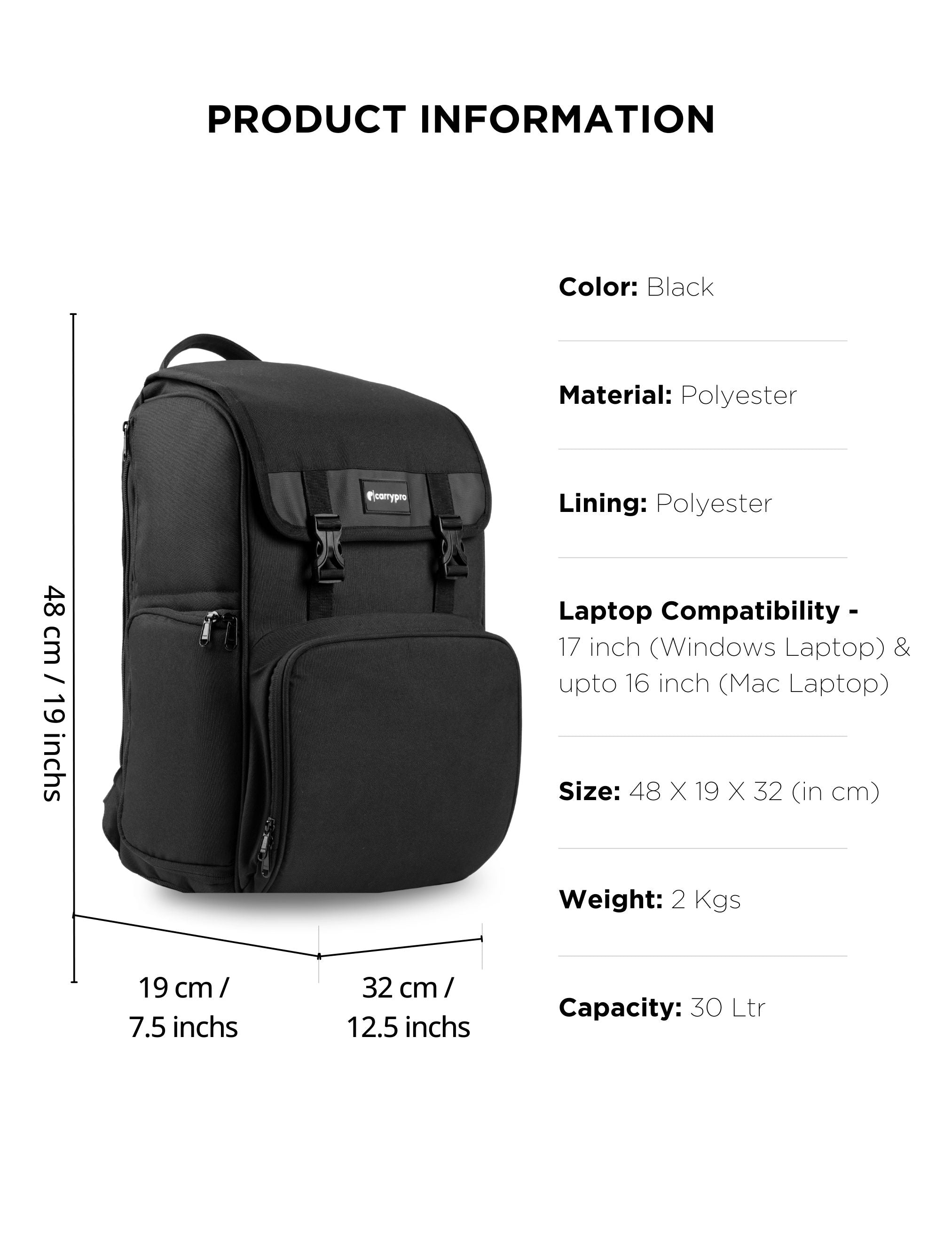 Carrypro Pango V2.0 Backpack Front View perfect for camera ready gear Features and measurements #color_Black