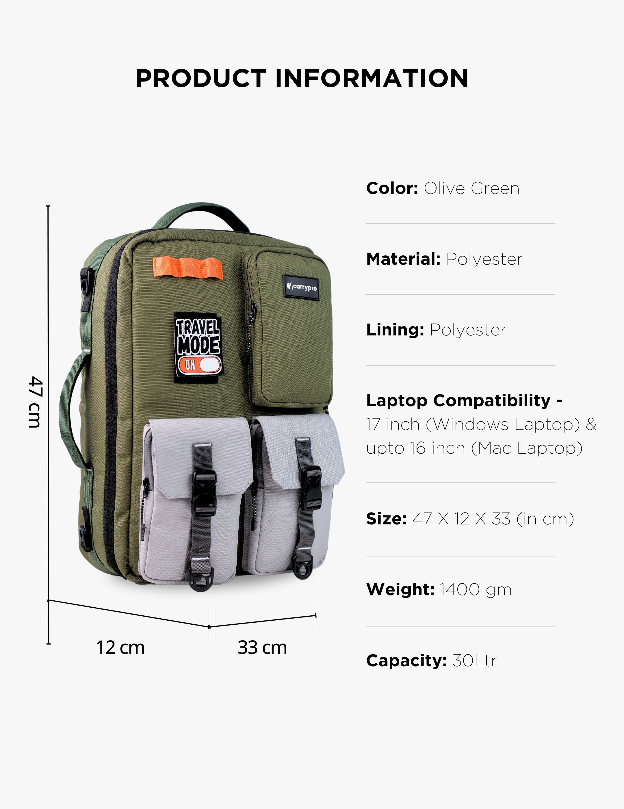 CarryPro Pro Overnighter 30L Backpack Features and Specifications - Olive Green #color_Olive Green
