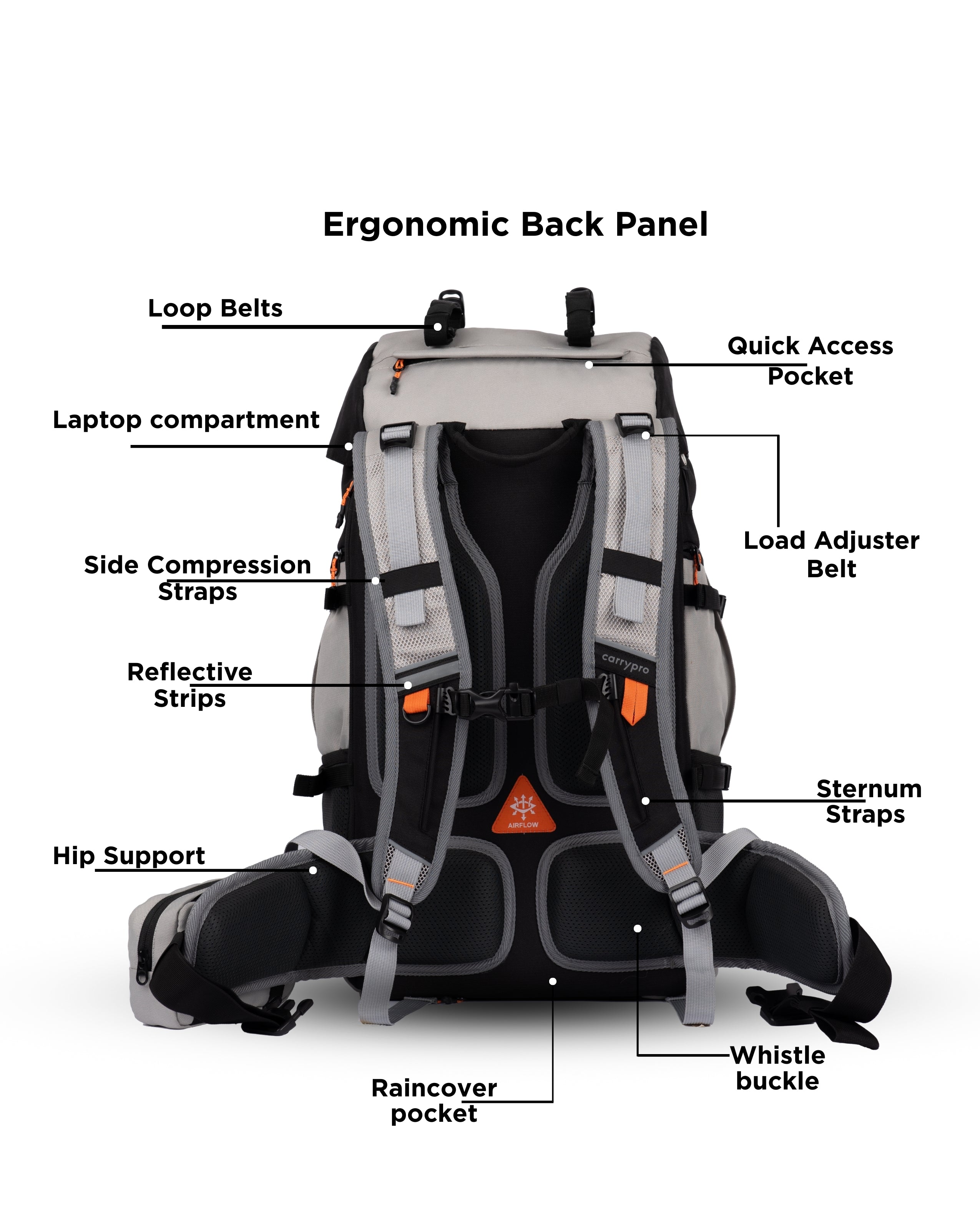 CarryPro HOBO40 V2.0 40L Functional Travel Backpack Front Features #color_Grey Black