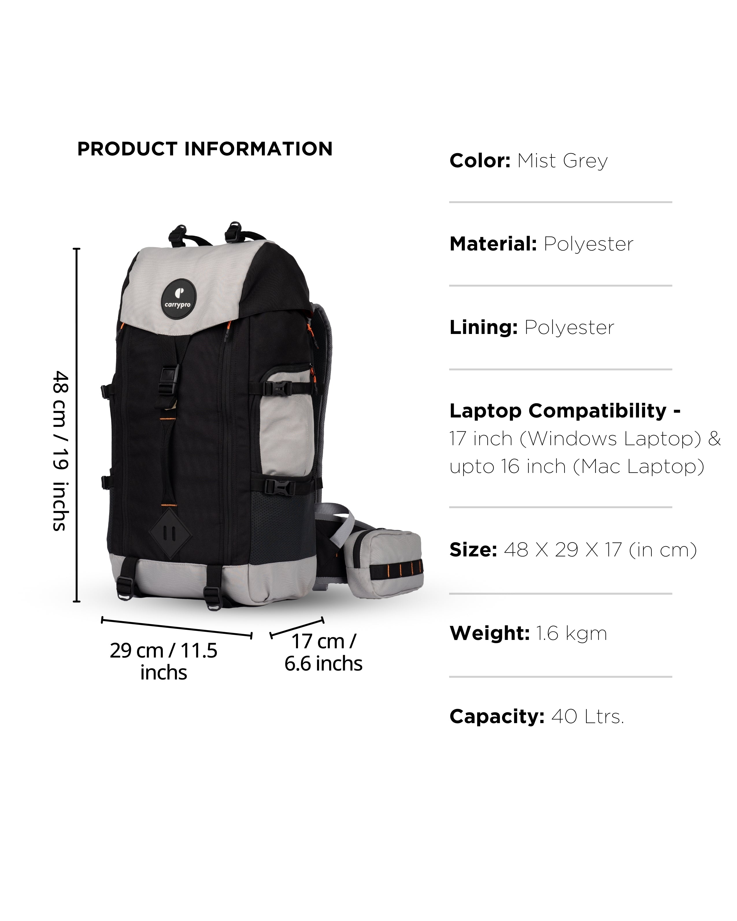 HOBO40 V2.0 carrypro backpack front 40 litres backpack trekking and traveling Features Measurements #color_Grey Black