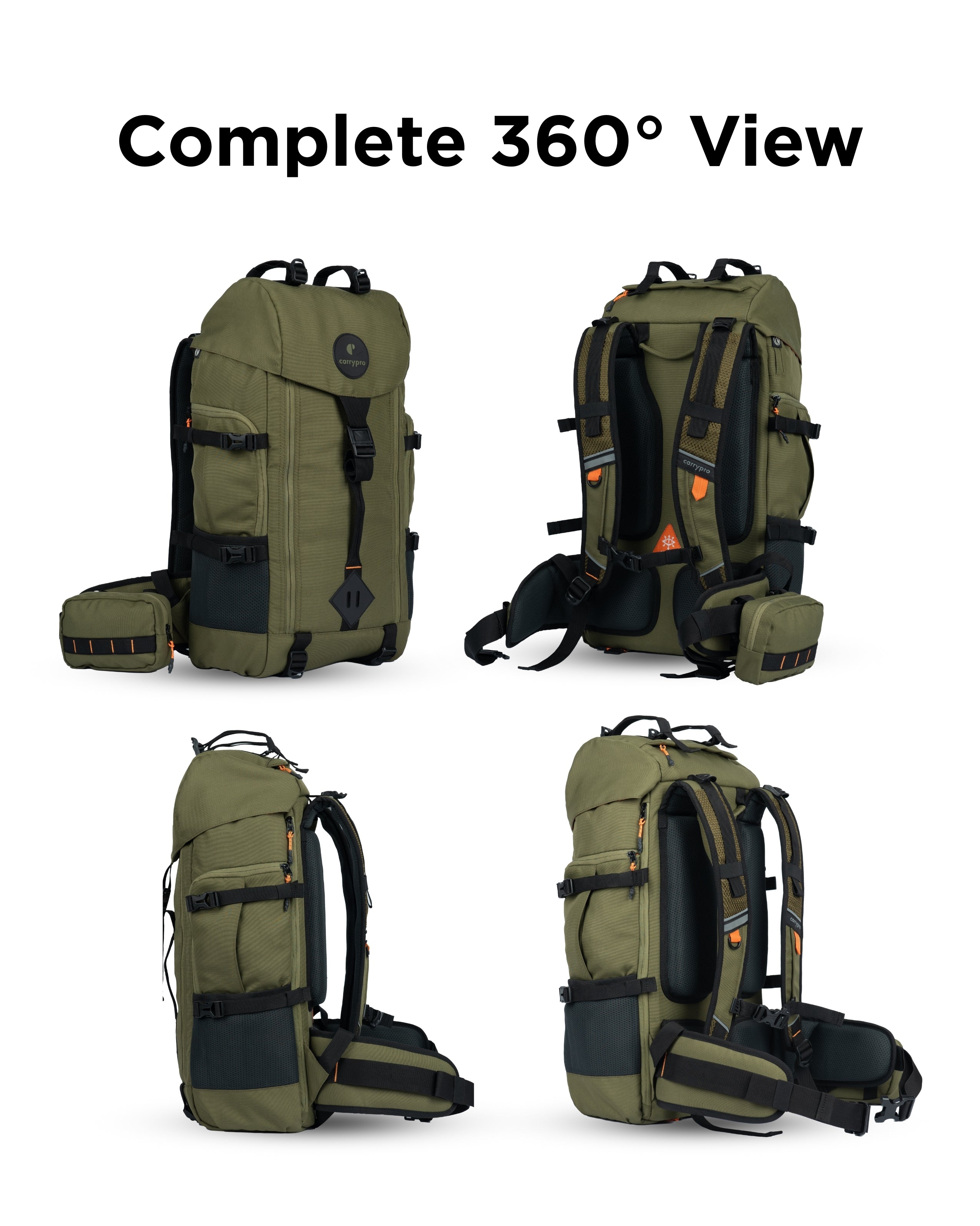 CarryPro HOBO40 V2.0 40L Functional Travel Backpack 360 degree view of rust orange backpack- #color_Olive Green