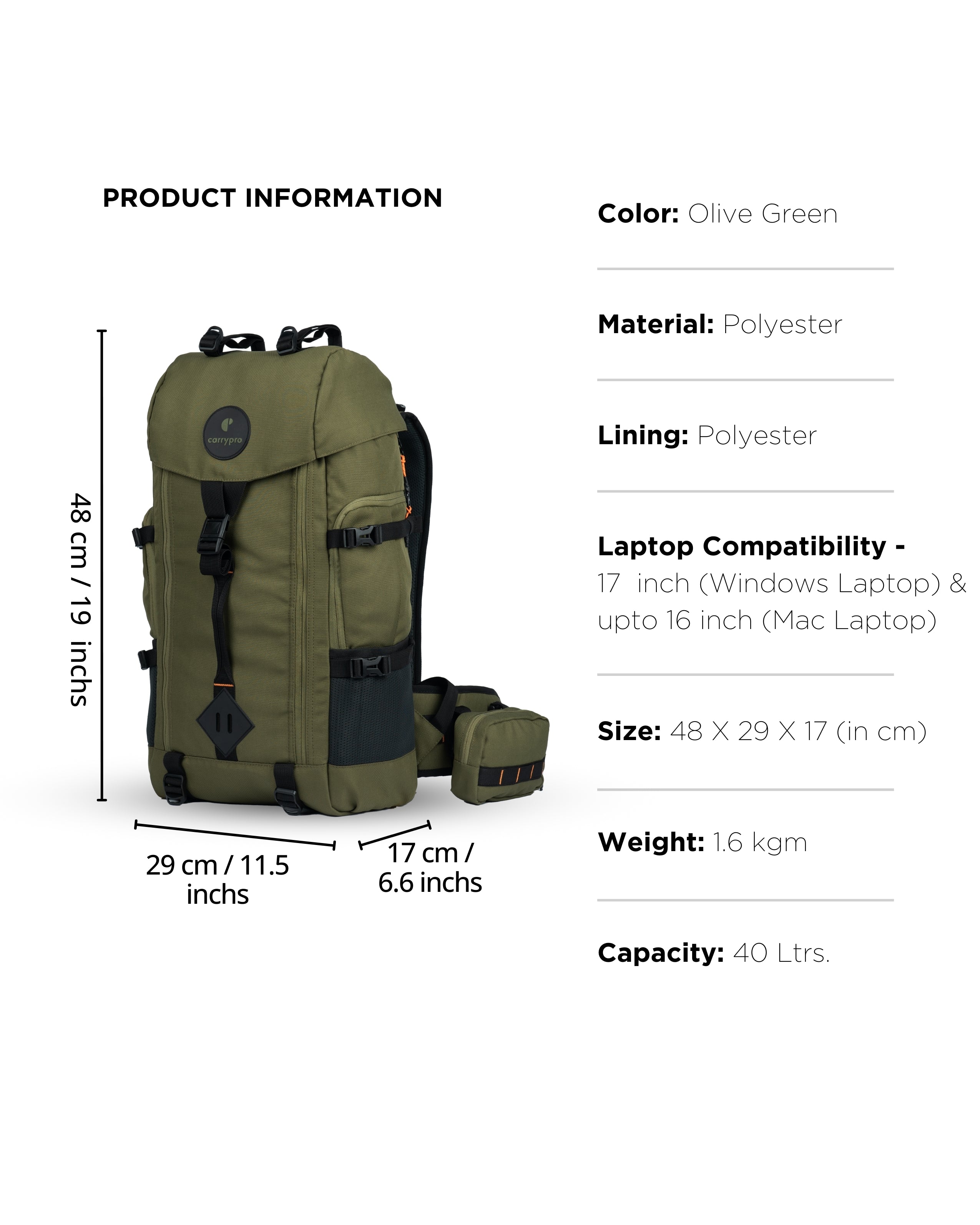 HOBO40 V2.0 carrypro backpack front 40 litres backpack trekking and traveling Features Measurements #color_Olive Green