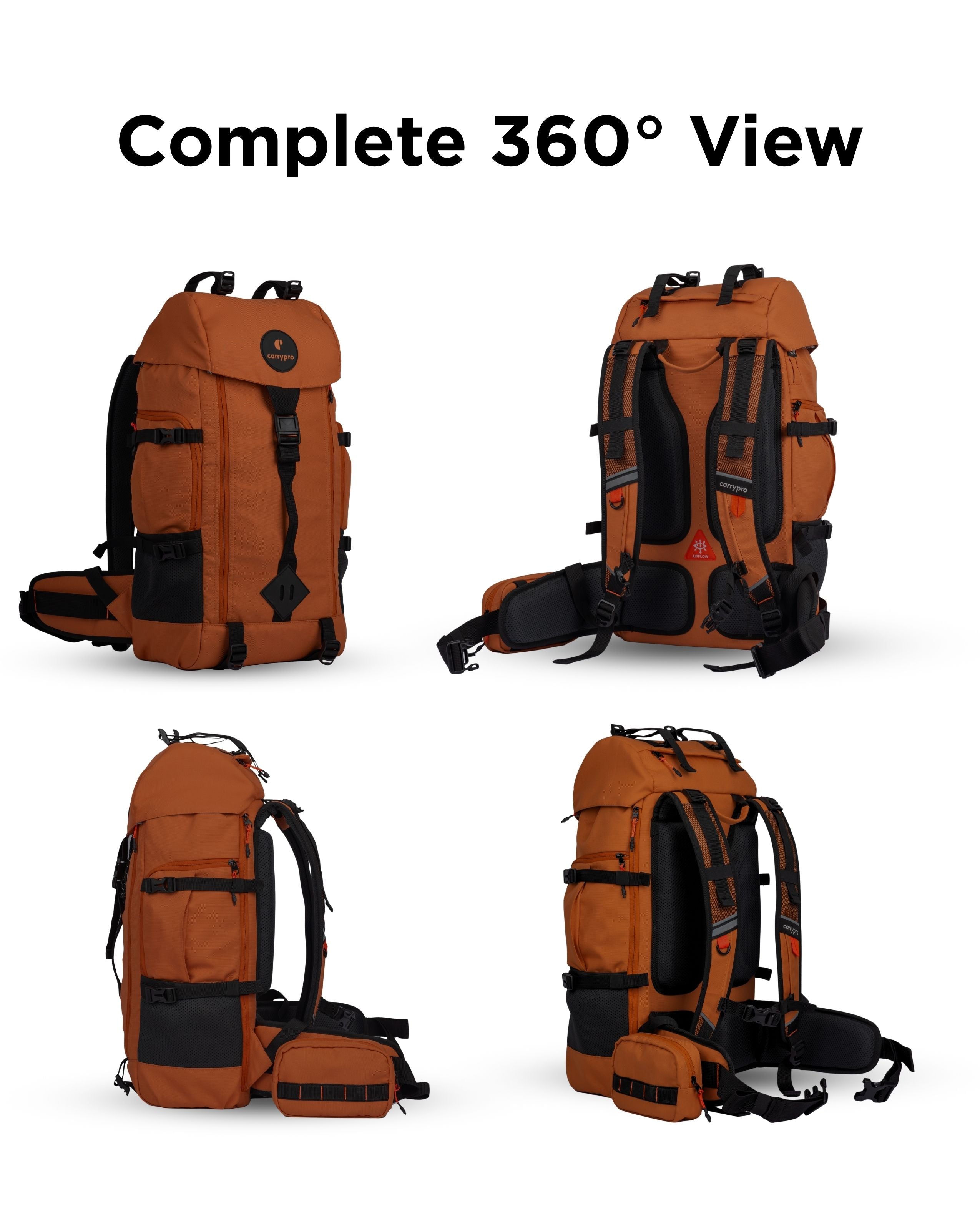 CarryPro HOBO40 V2.0 40L Functional Travel Backpack 360 degree view of rust orange backpack- #color_Rust Orange